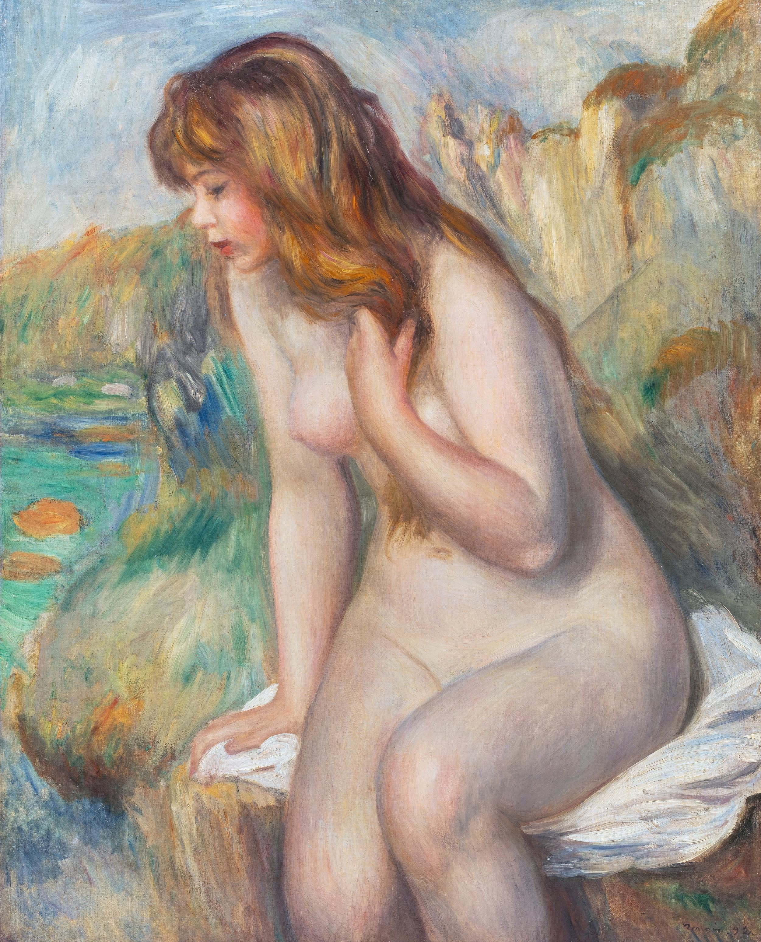 《沐浴者坐在岩石上》（Bather sitting on a rock）｜皮埃尔-奥古斯特·雷诺阿 Pierre-Auguste Renoir｜1892