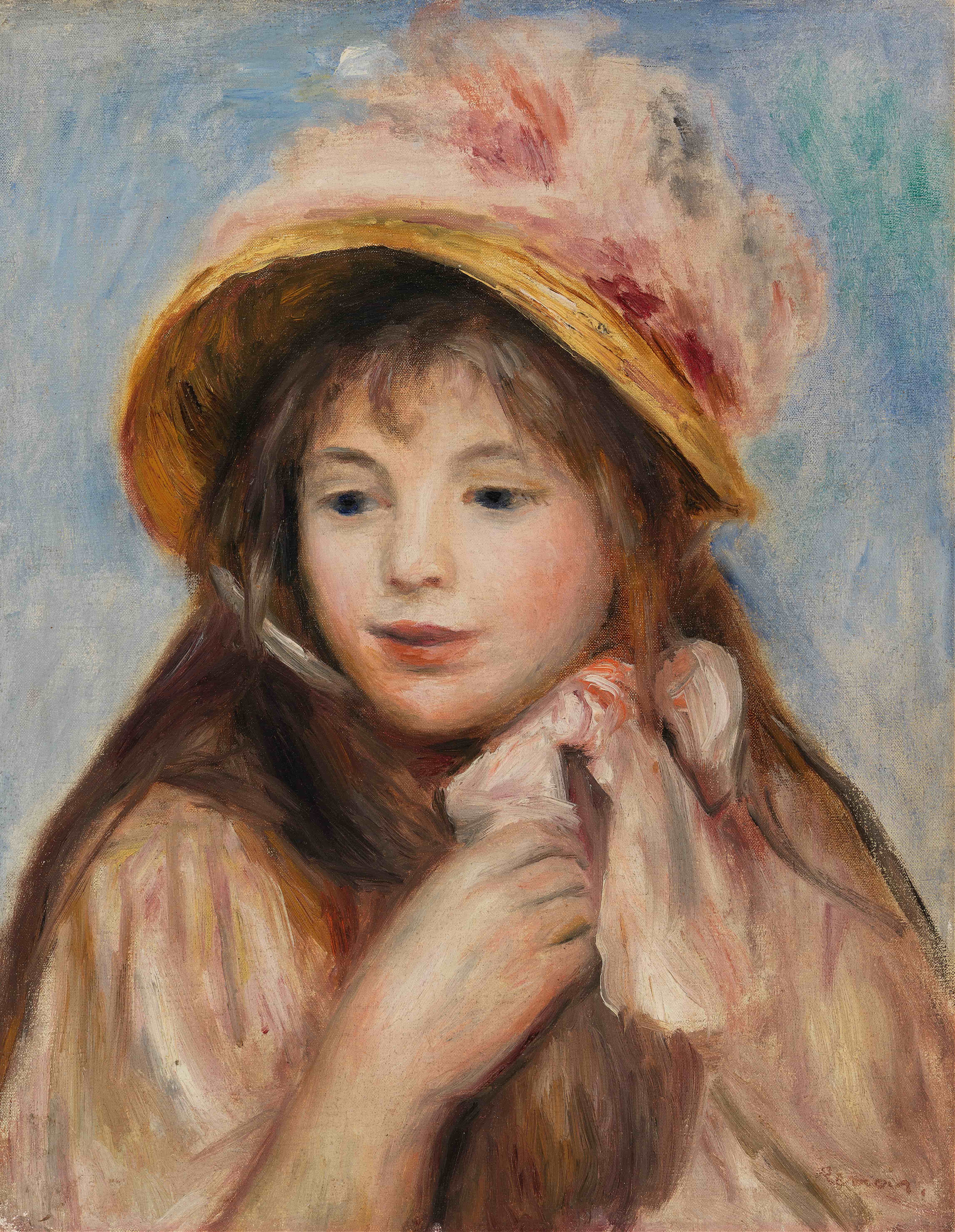 《戴粉色帽子的女孩》（Girl with Pink Bonnet）｜皮埃尔-奥古斯特·雷诺阿 Pierre-Auguste Renoir｜1894