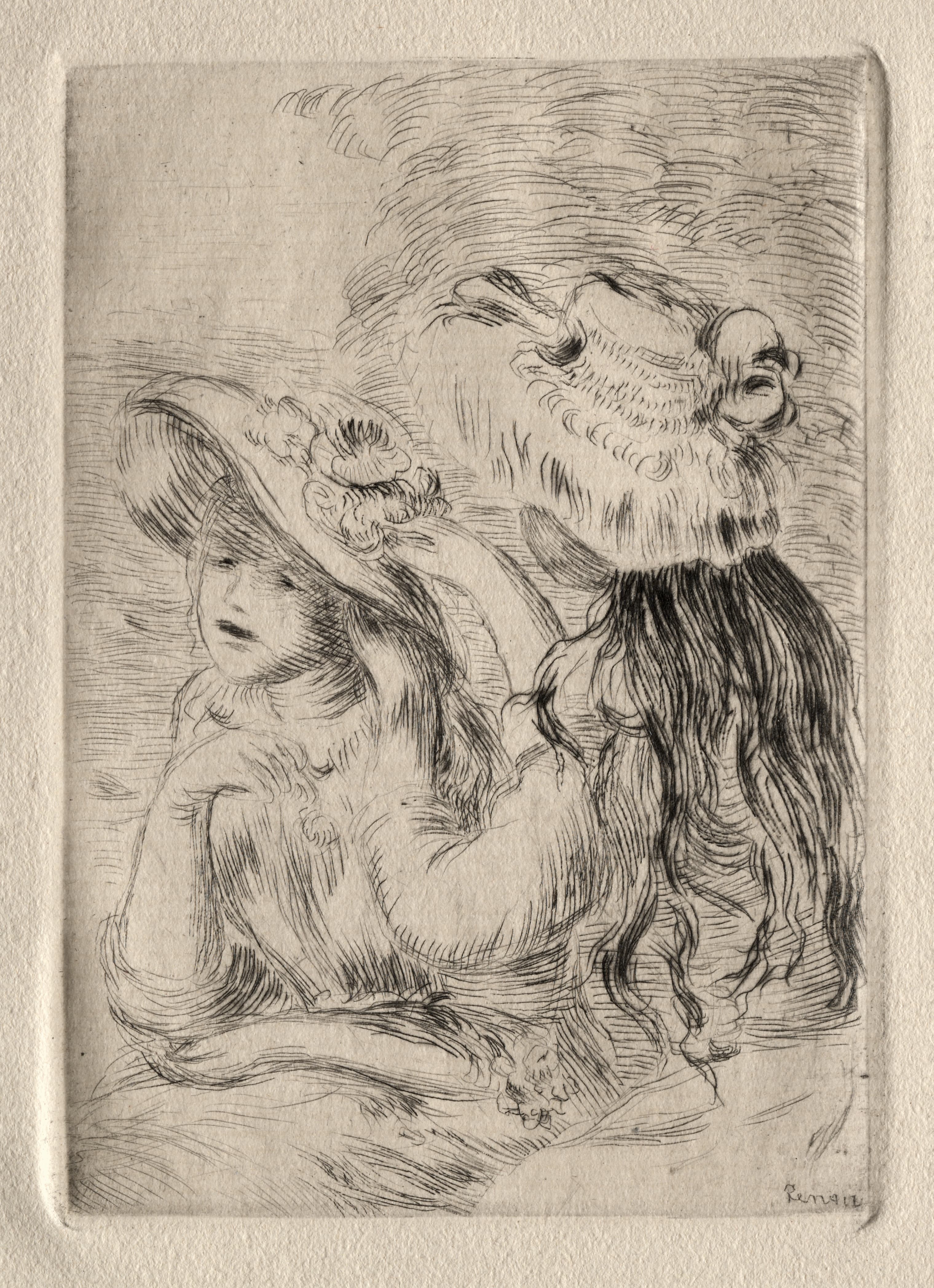 《帽针（贝尔特·莫里索的女儿和她的表弟），第一盘》（The Hatpin (Berthe Morisot’s Daughter and Her Cousin), 1st plate）｜皮埃尔-奥古斯特·雷诺阿 Pierre-Auguste Renoir｜约. 1894