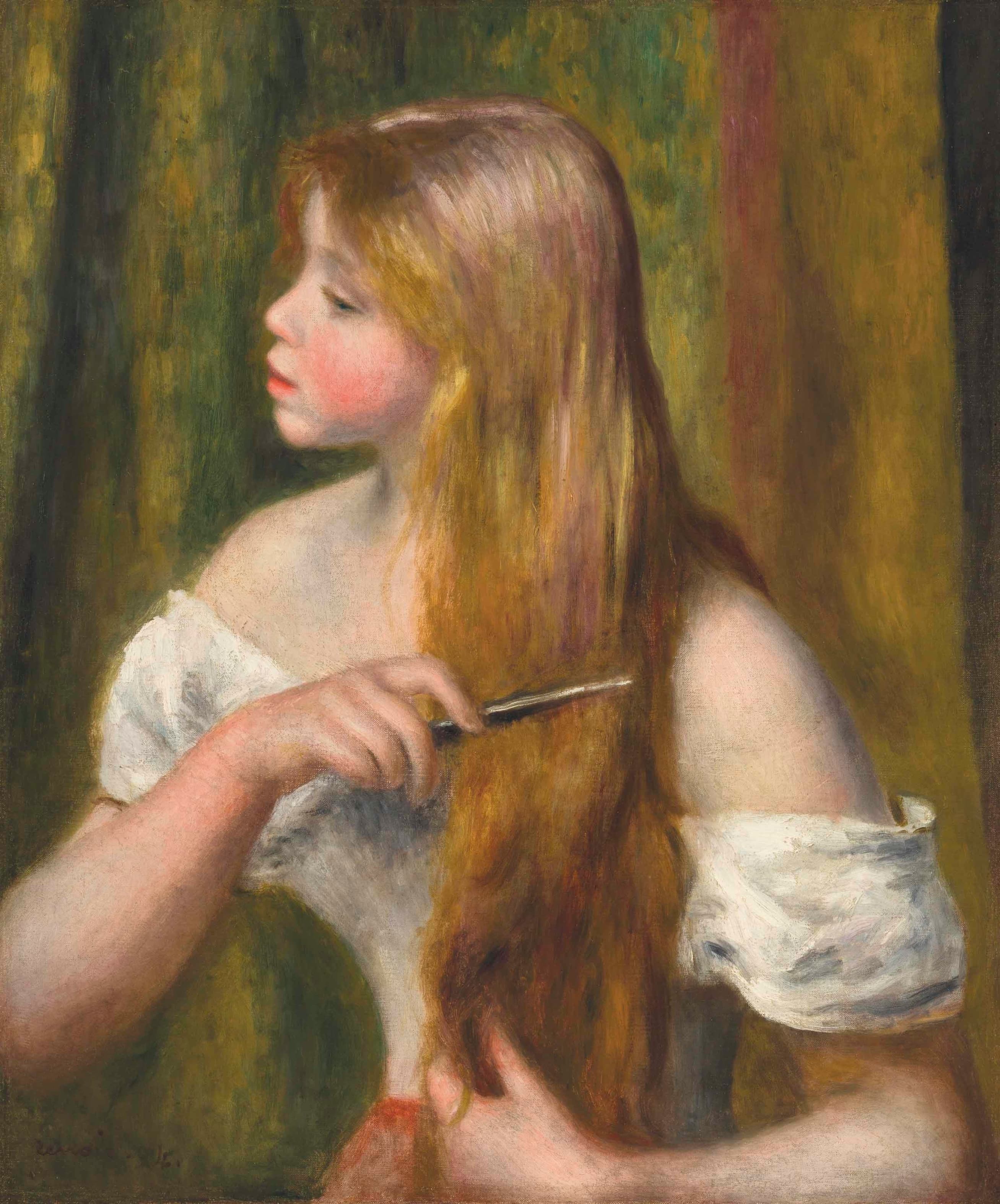 《梳头发的年轻女孩（La Bathroomte）》（Young girl combing her hair (La Toilette)）｜皮埃尔-奥古斯特·雷诺阿 Pierre-Auguste Renoir｜1894