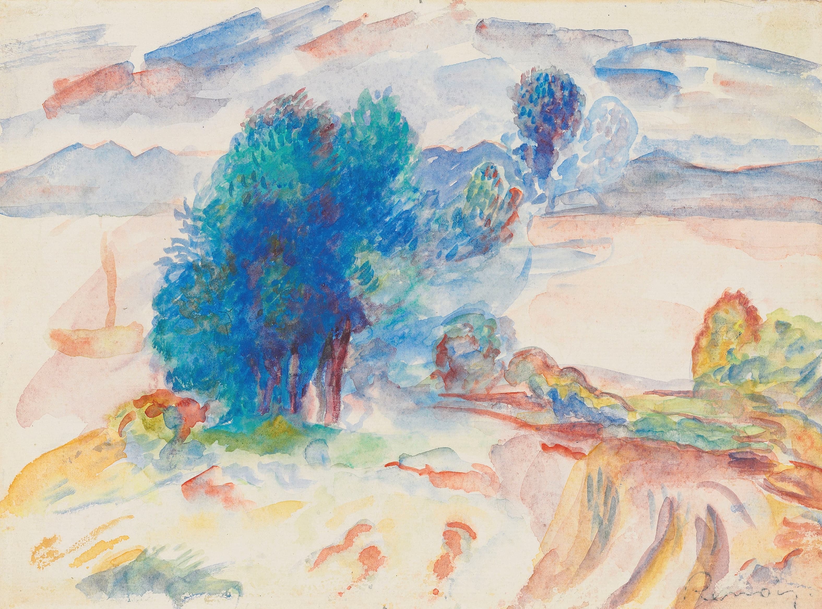 《水边的树木和帆船》（Trees along the water and sailboat）｜皮埃尔-奥古斯特·雷诺阿 Pierre-Auguste Renoir｜约 1895