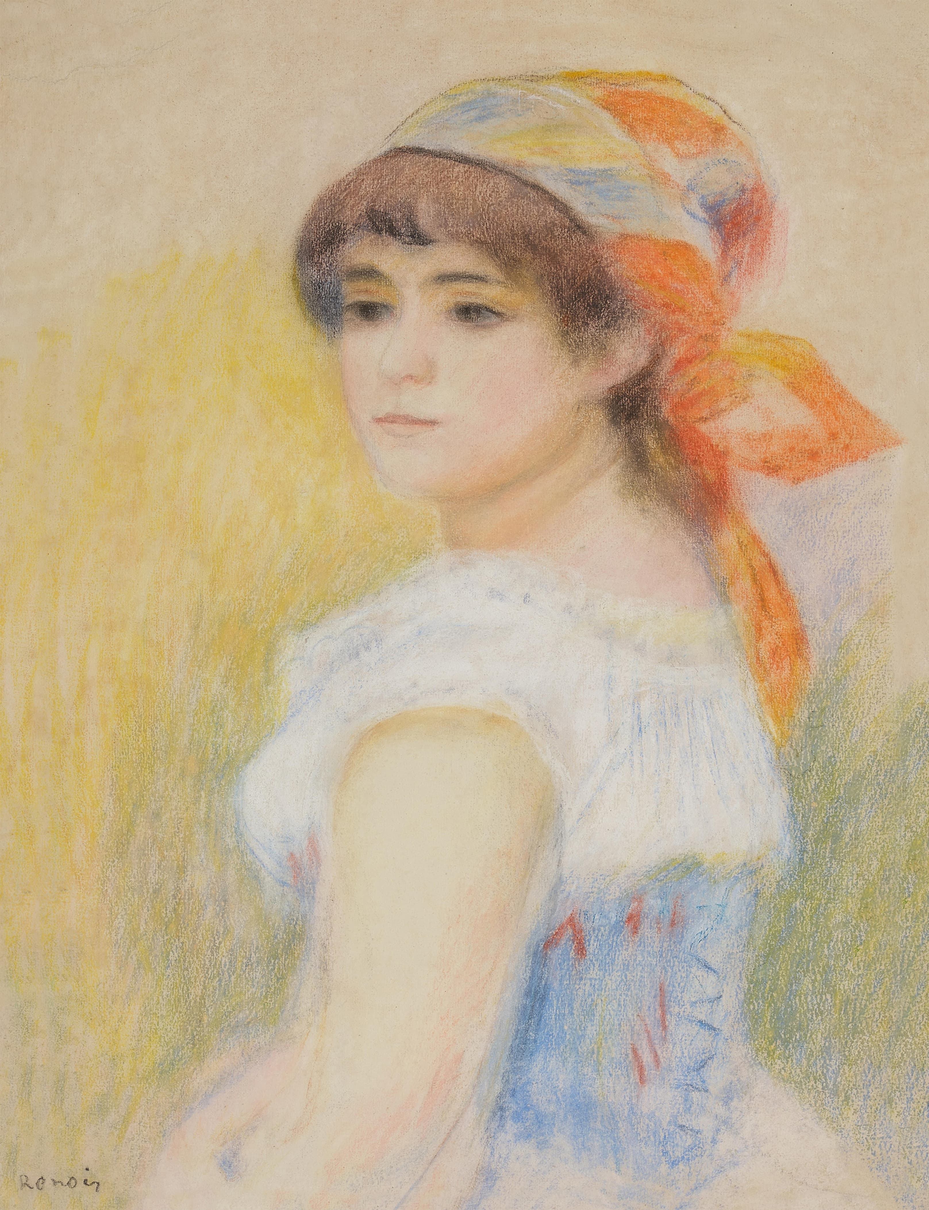 《戴着橙色头巾的年轻女孩》（Young girl wearing an orange kerchief）｜皮埃尔-奥古斯特·雷诺阿 Pierre-Auguste Renoir｜1895