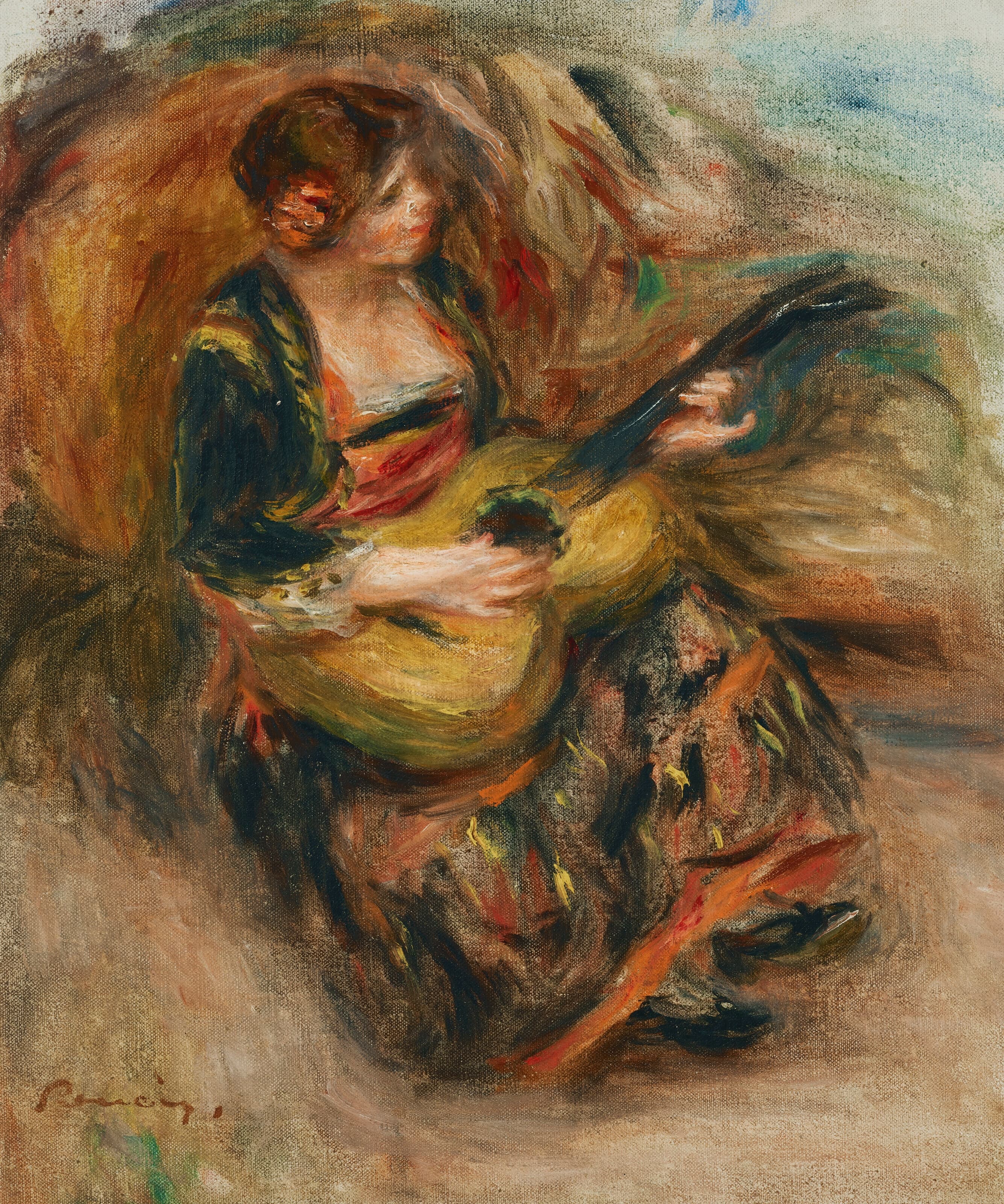 《坐着弹吉他的年轻女子》（Young woman sitting playing guitar）｜皮埃尔-奥古斯特·雷诺阿 Pierre-Auguste Renoir｜1898–1900