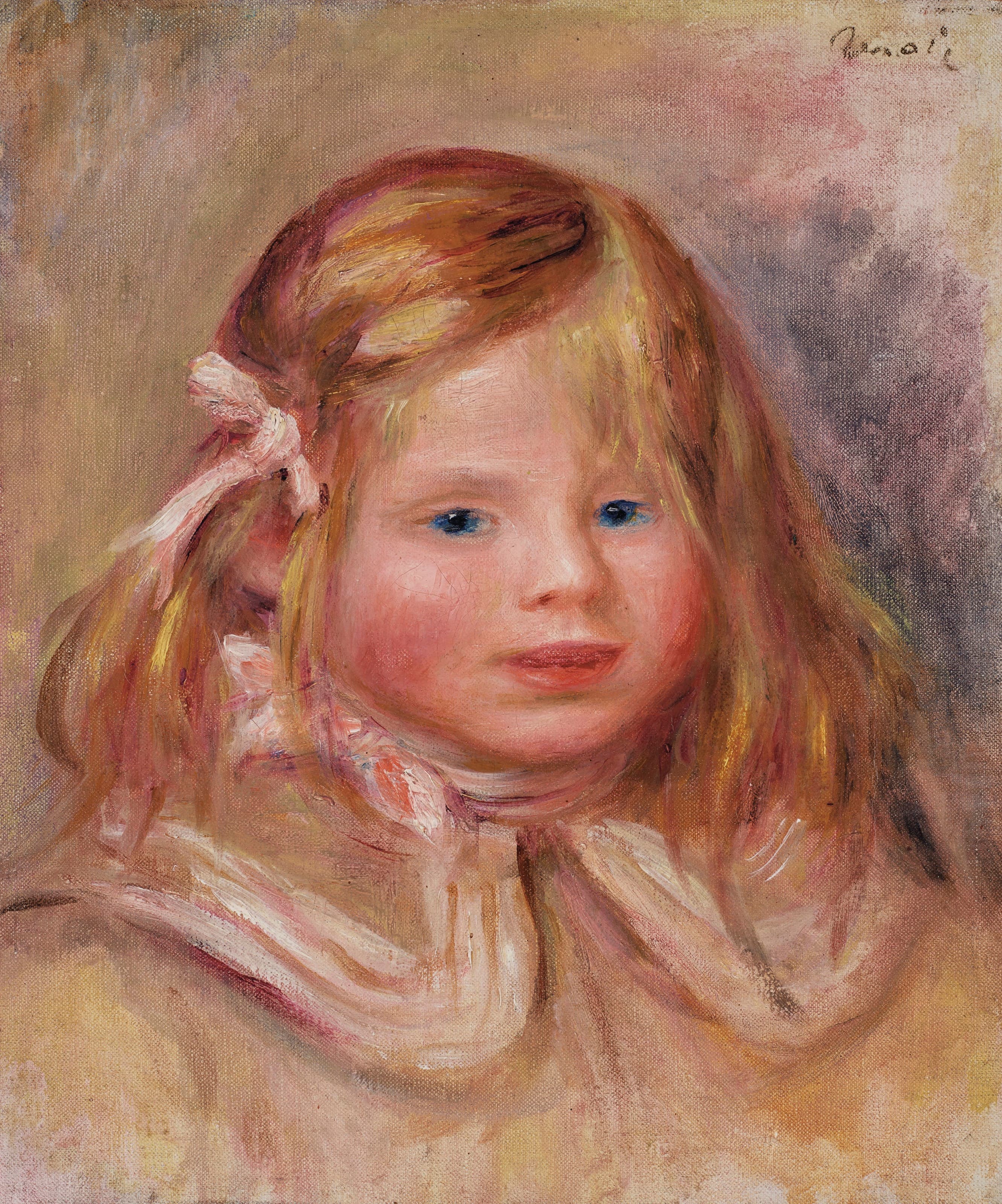 《带着粉红丝带的可可》（Coco with the pink ribbon）｜皮埃尔-奥古斯特·雷诺阿 Pierre-Auguste Renoir｜约 1905