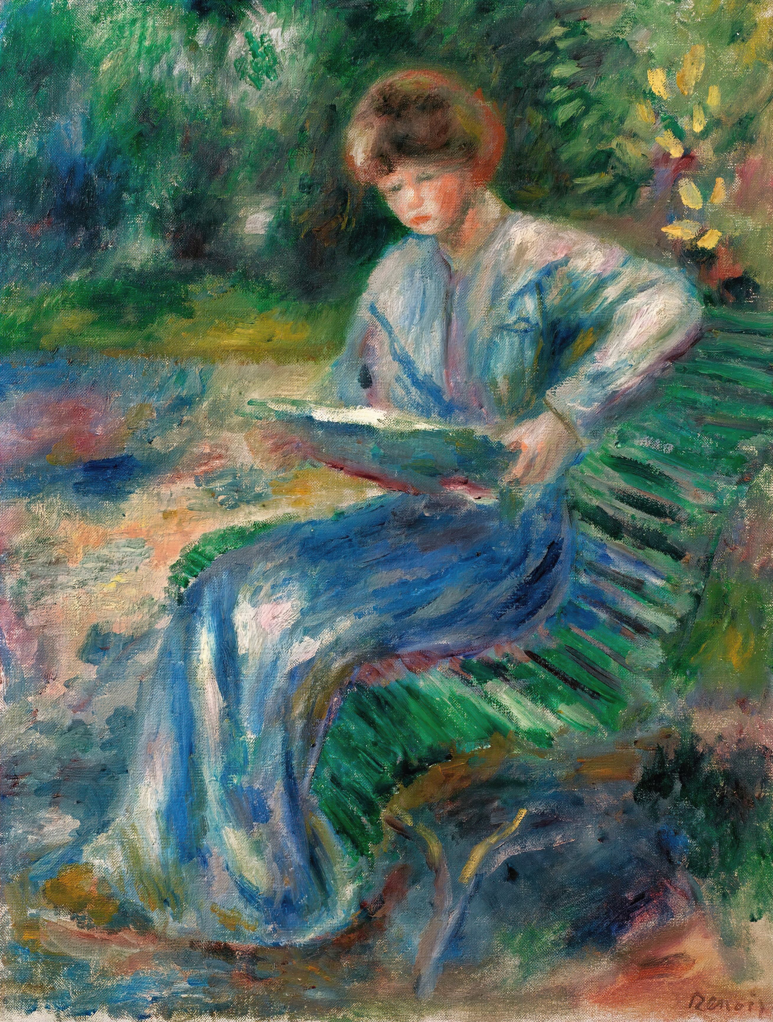 《坐在长凳上读书的女人》（Woman Reading on a Bench）｜皮埃尔-奥古斯特·雷诺阿 Pierre-Auguste Renoir｜约 1905
