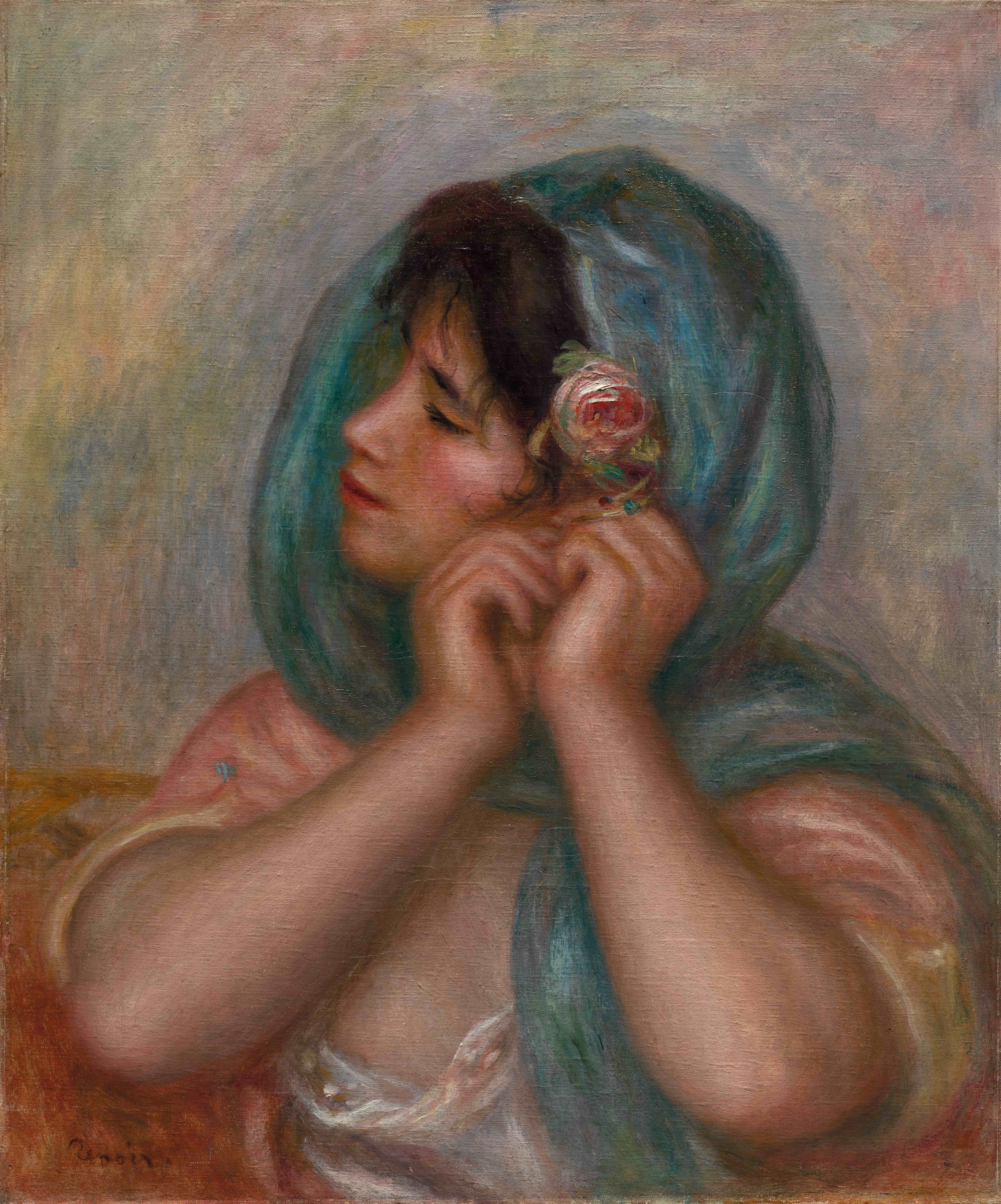 《年轻女子整理她的耳环》（Young Woman Arranging Her Earring）｜皮埃尔-奥古斯特·雷诺阿 Pierre-Auguste Renoir｜1905