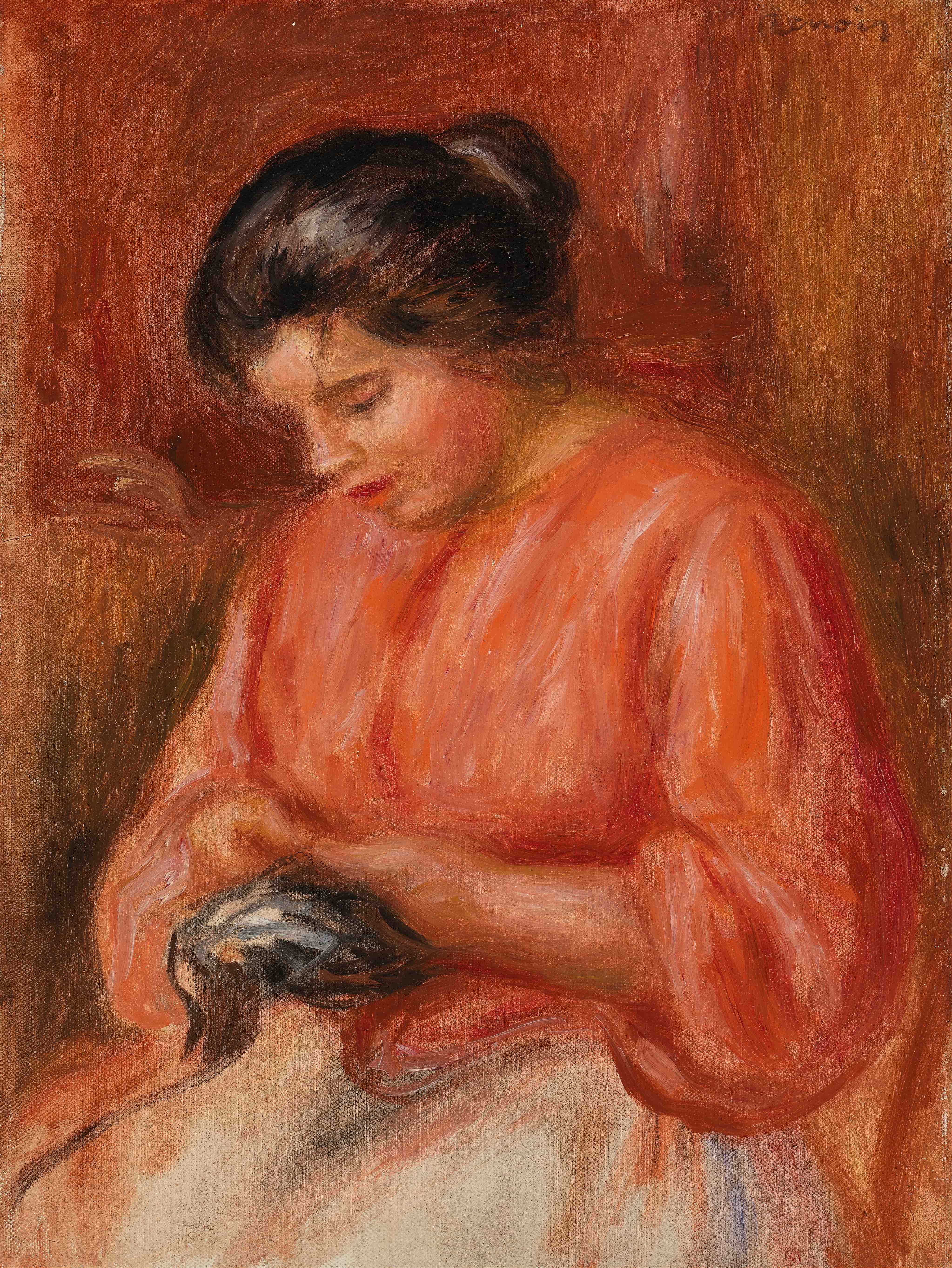 《女孩织补》（Girl Darning）｜皮埃尔-奥古斯特·雷诺阿 Pierre-Auguste Renoir｜约. 1909