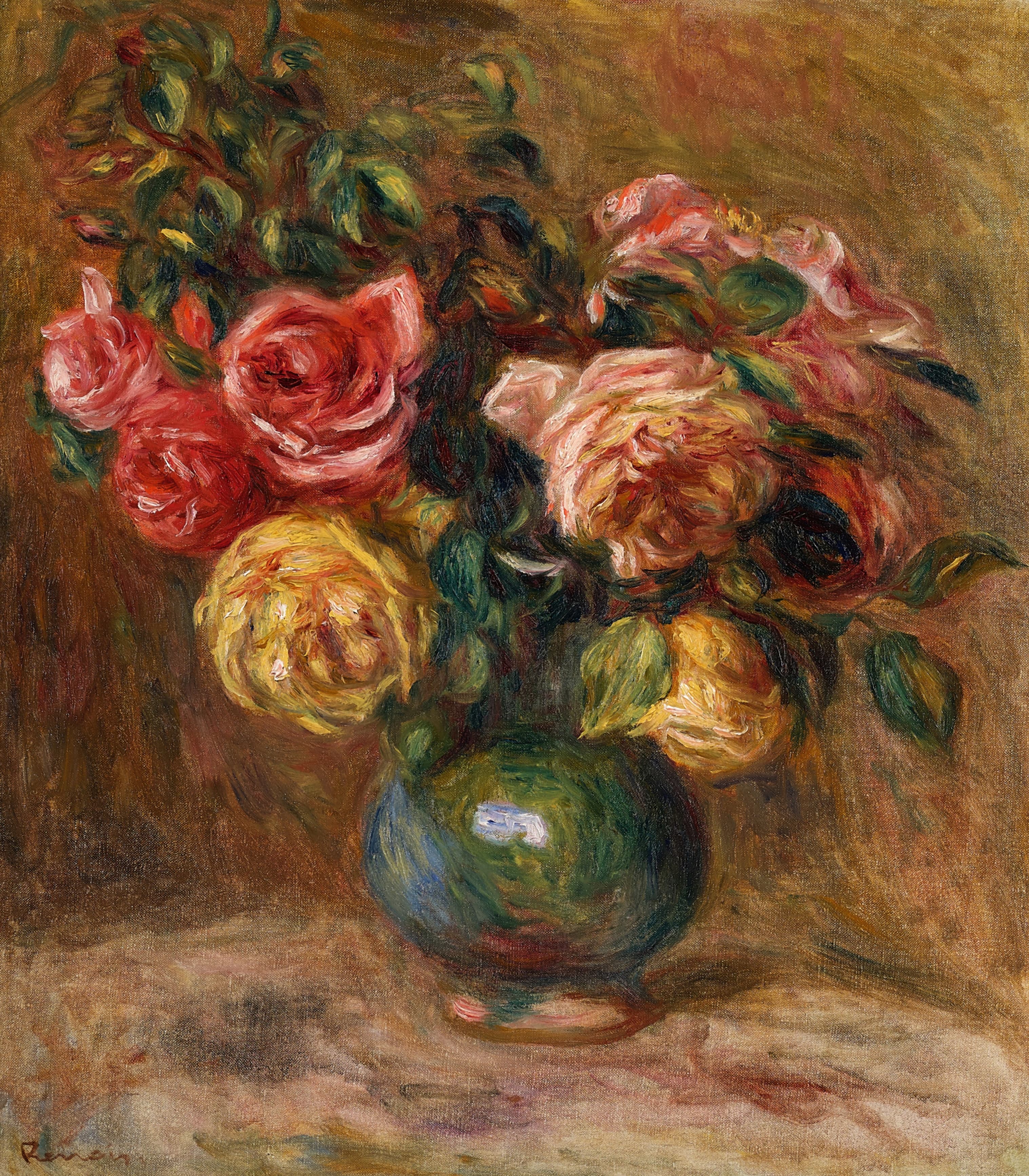 《绿色花瓶里的玫瑰》（Roses in a green vase）｜皮埃尔-奥古斯特·雷诺阿 Pierre-Auguste Renoir｜1910–1912