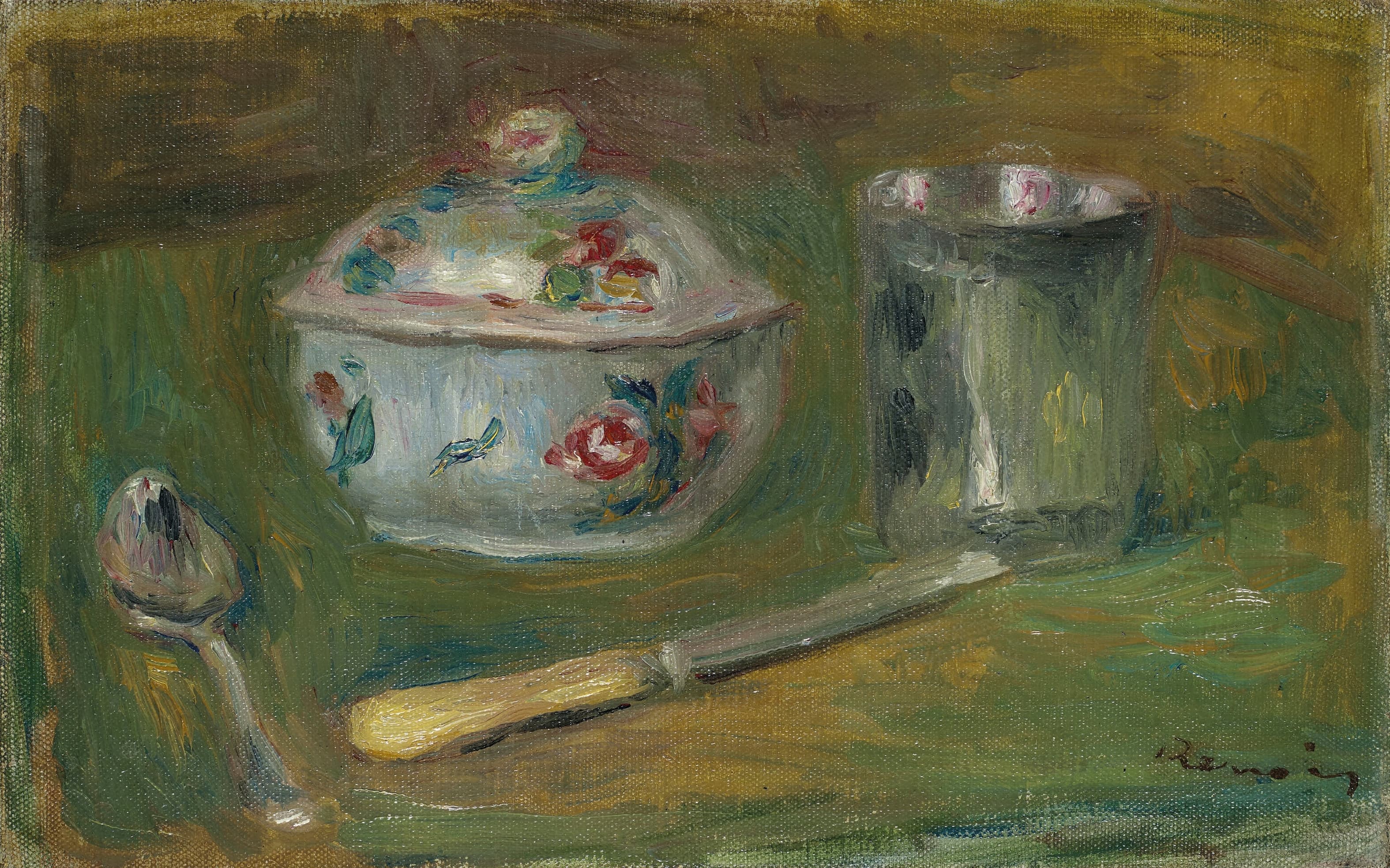 《糖罐、杯子、勺子和刀》（Sugar bowl, cup, spoon and knife）｜皮埃尔-奥古斯特·雷诺阿 Pierre-Auguste Renoir｜约 1910