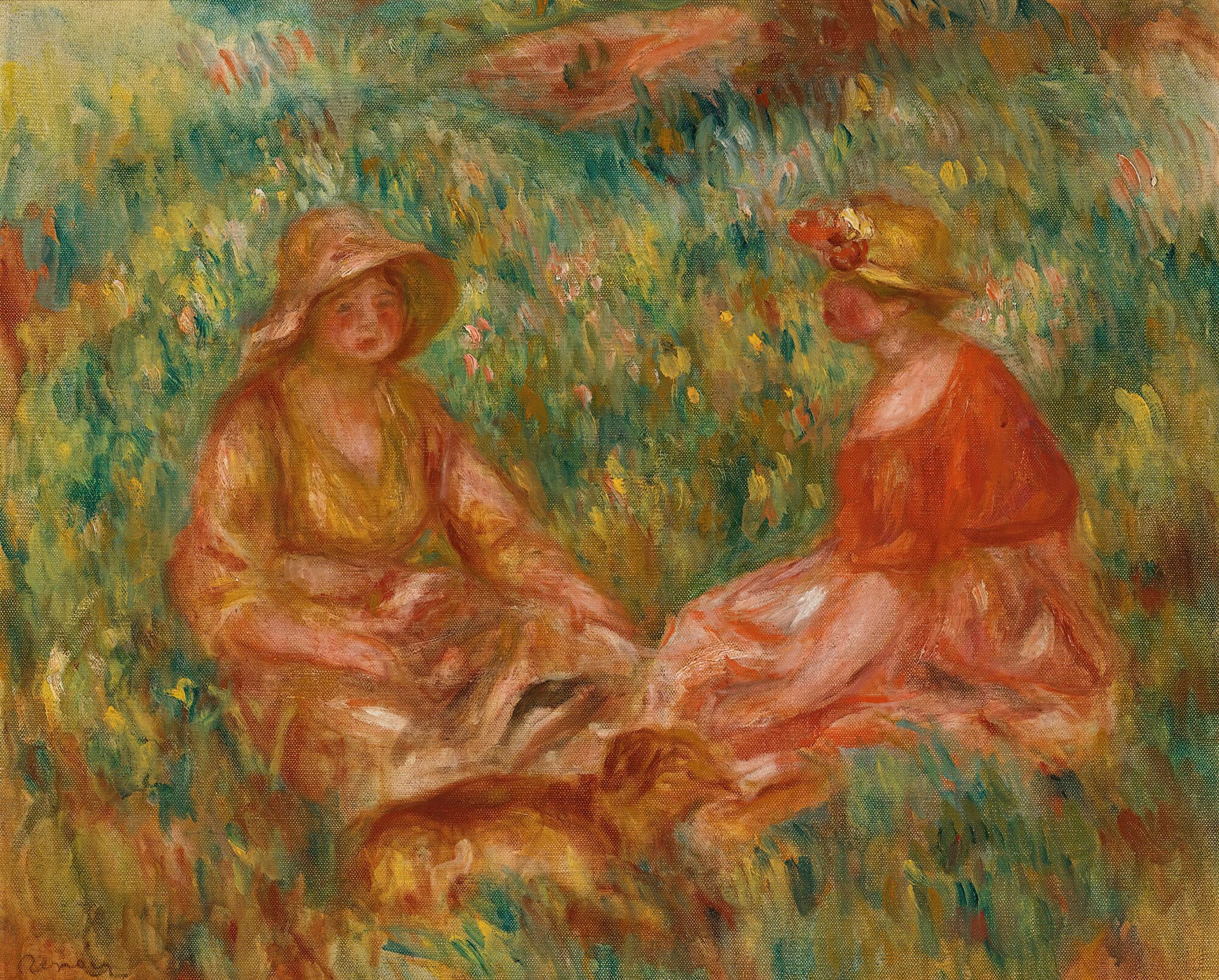 《草地上的两个女孩（草丛中的两个女人）》（Two Girls in a Meadow (Two Women in the Grass)）｜皮埃尔-奥古斯特·雷诺阿 Pierre-Auguste Renoir｜约 1910