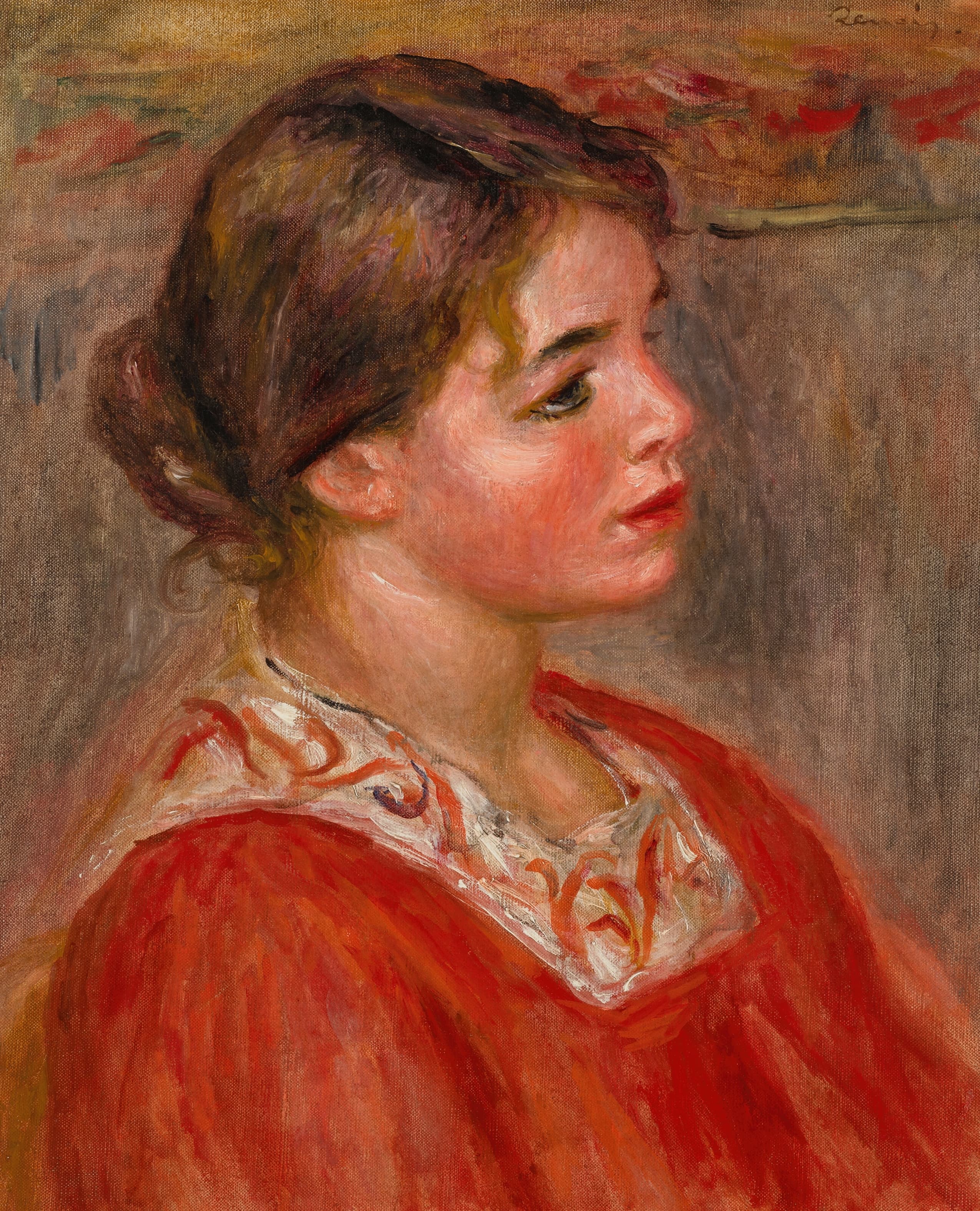 《红色紧身胸衣的女人》（Woman with red bodice）｜皮埃尔-奥古斯特·雷诺阿 Pierre-Auguste Renoir｜1910