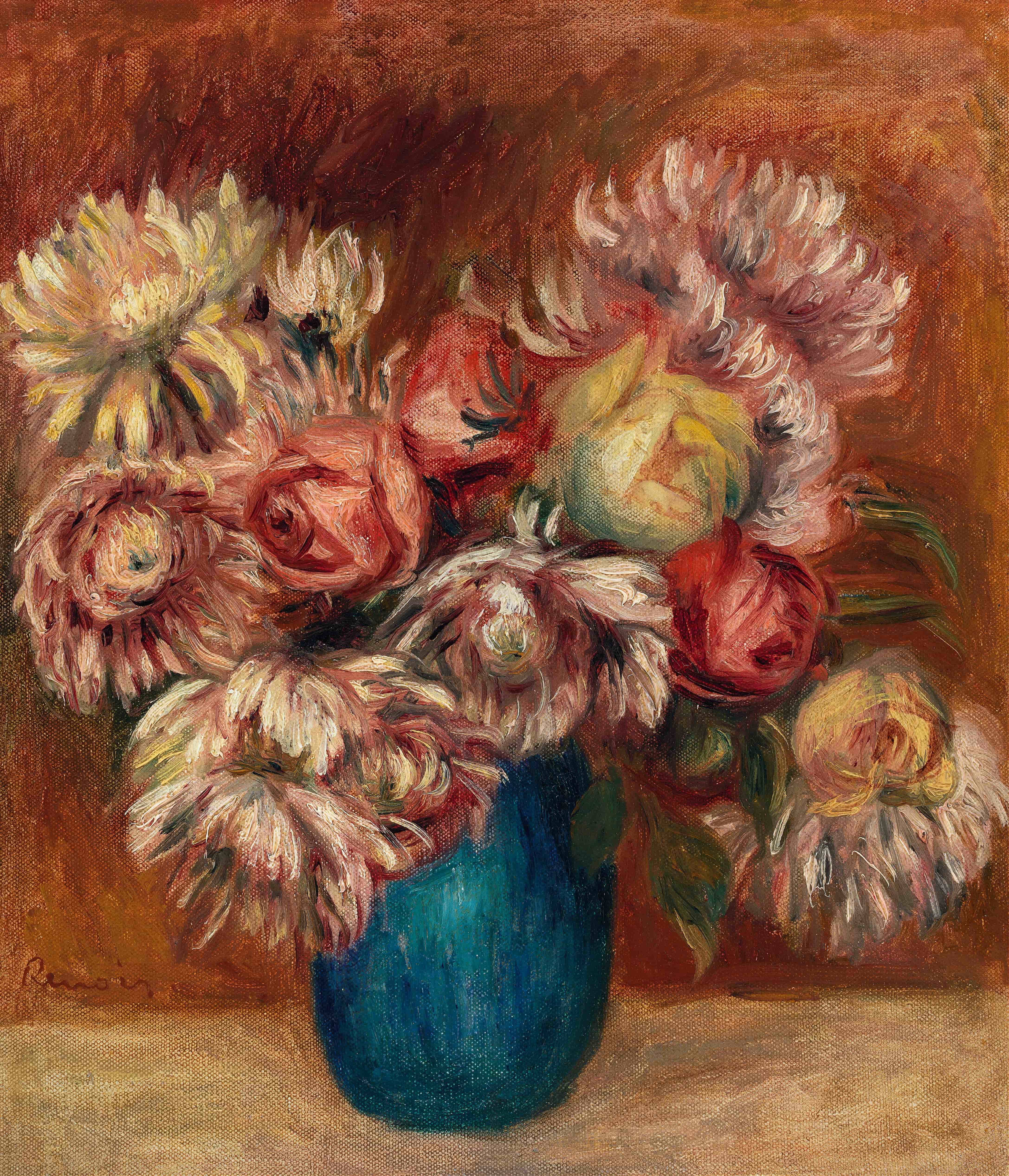 《绿色花瓶里的花》（Flowers in a Green Vase）｜皮埃尔-奥古斯特·雷诺阿 Pierre-Auguste Renoir｜约. 1912