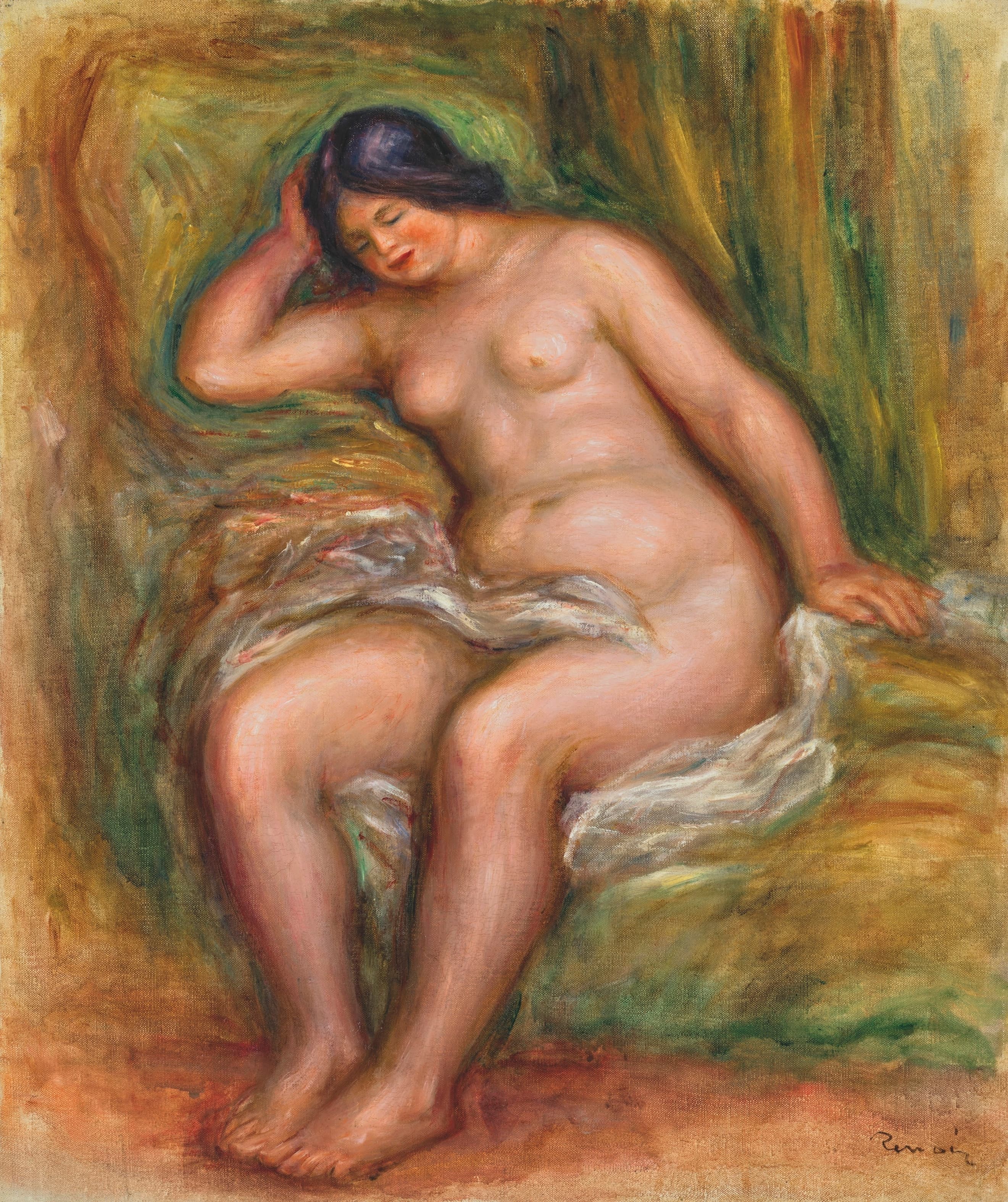 《裸体女人坐在绿色垫子上（裸体坐着）》（Nude woman seated leaning on a green cushion (Seated nude)）｜皮埃尔-奥古斯特·雷诺阿 Pierre-Auguste Renoir｜约 1912–1914