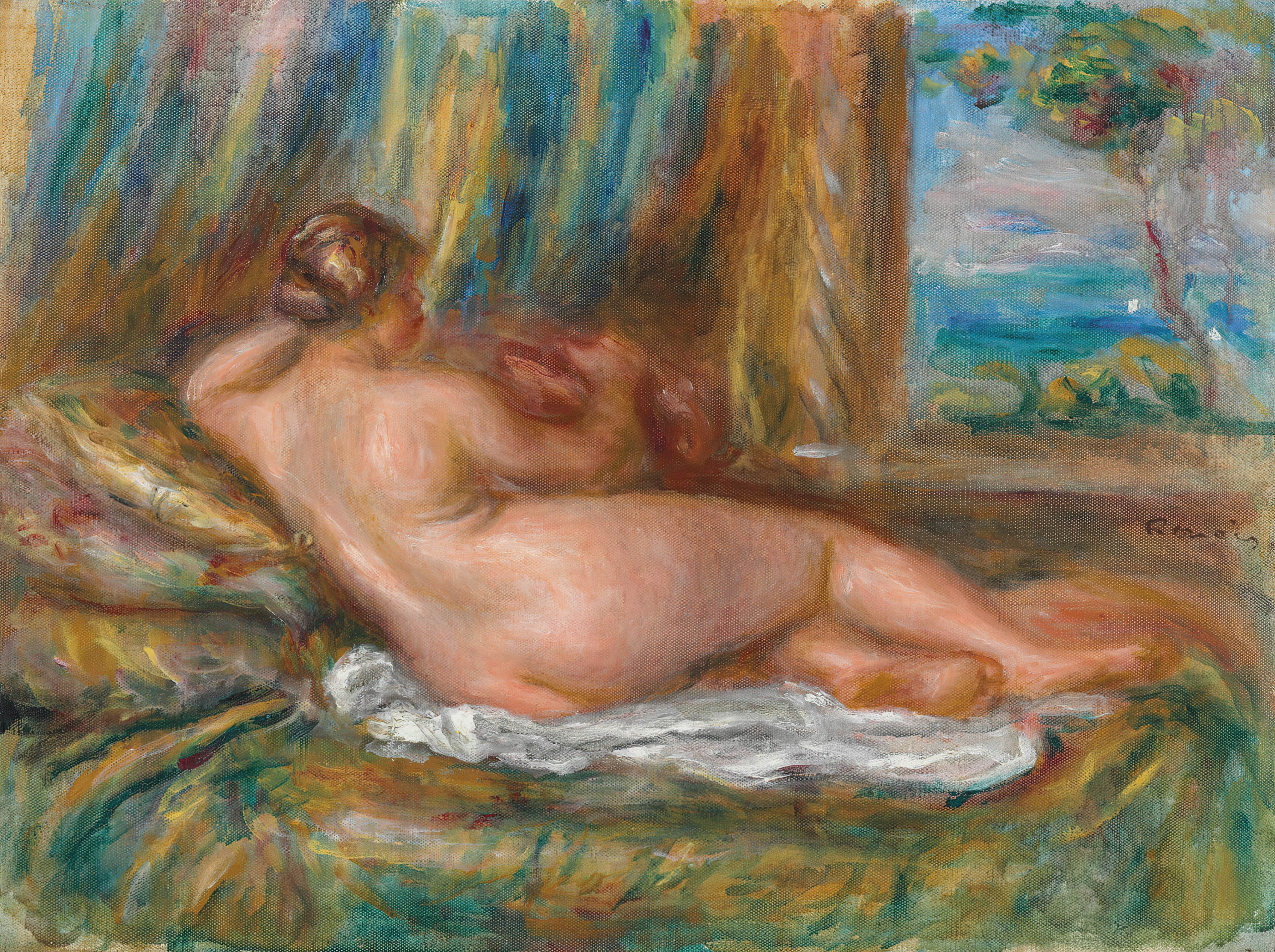 《裸体斜倚（宫女斜倚）》（Reclining nude (Odalisque reclining)）｜皮埃尔-奥古斯特·雷诺阿 Pierre-Auguste Renoir｜1914