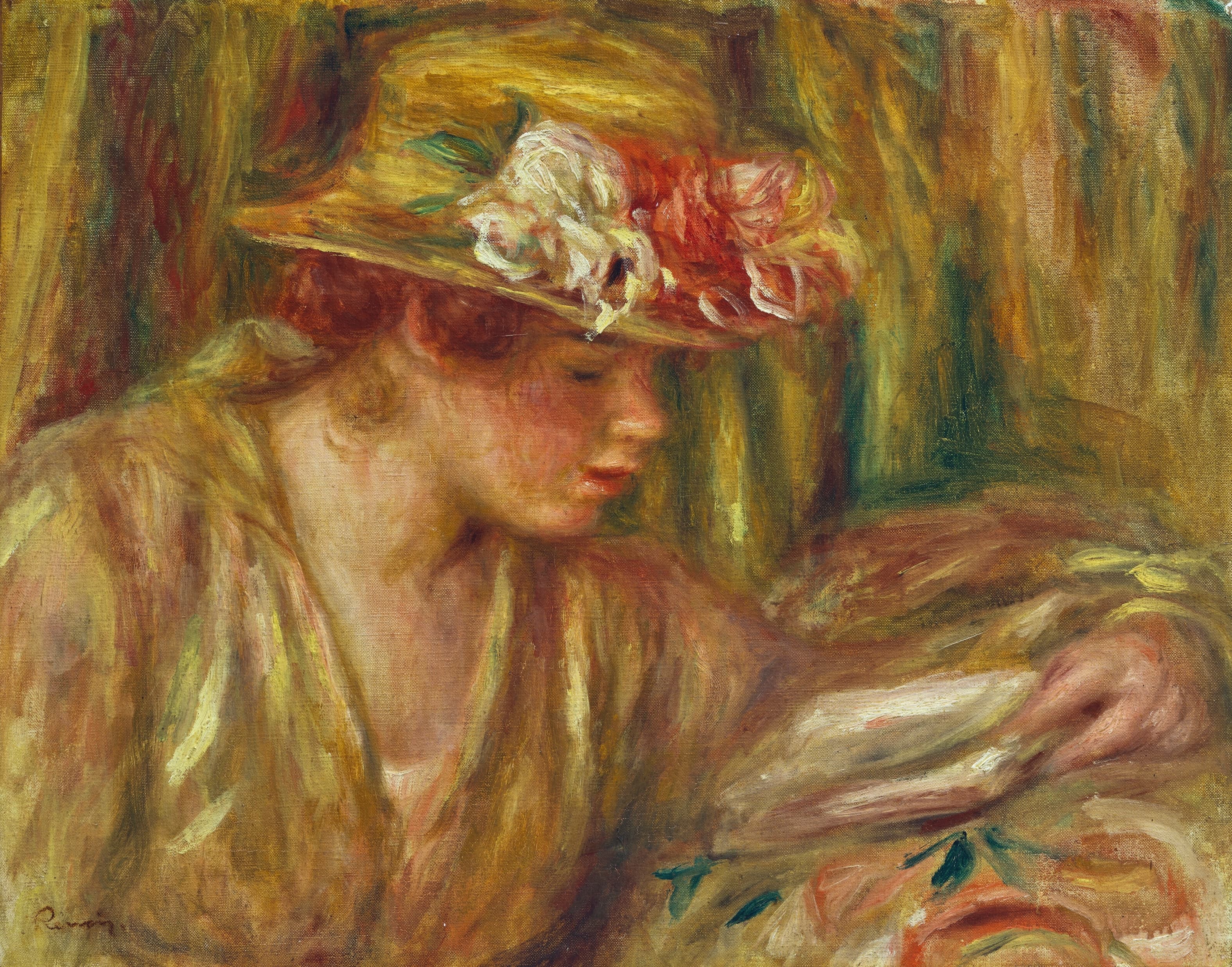 《一个女人的半身像（安德烈戴着帽子读书，头转向右侧）》（Bust of a woman (Andrée in hat reading, head turned to the right)）｜皮埃尔-奥古斯特·雷诺阿 Pierre-Auguste Renoir｜1917