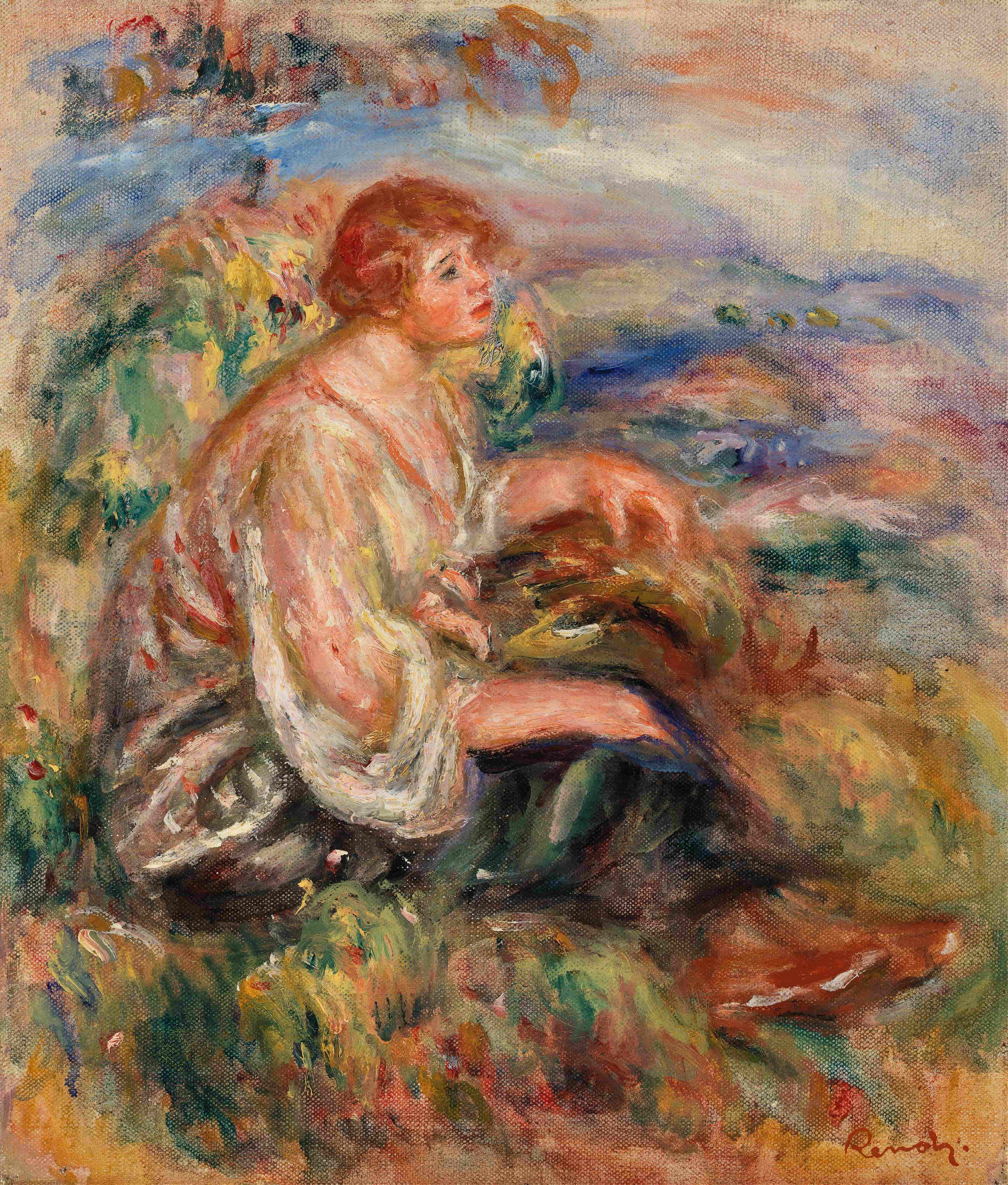 《风景中穿着薄纱衬衫和黑裙子的女人》（Woman in Tulle Blouse and Black Skirt in a Landscape）｜皮埃尔-奥古斯特·雷诺阿 Pierre-Auguste Renoir｜约. 1917