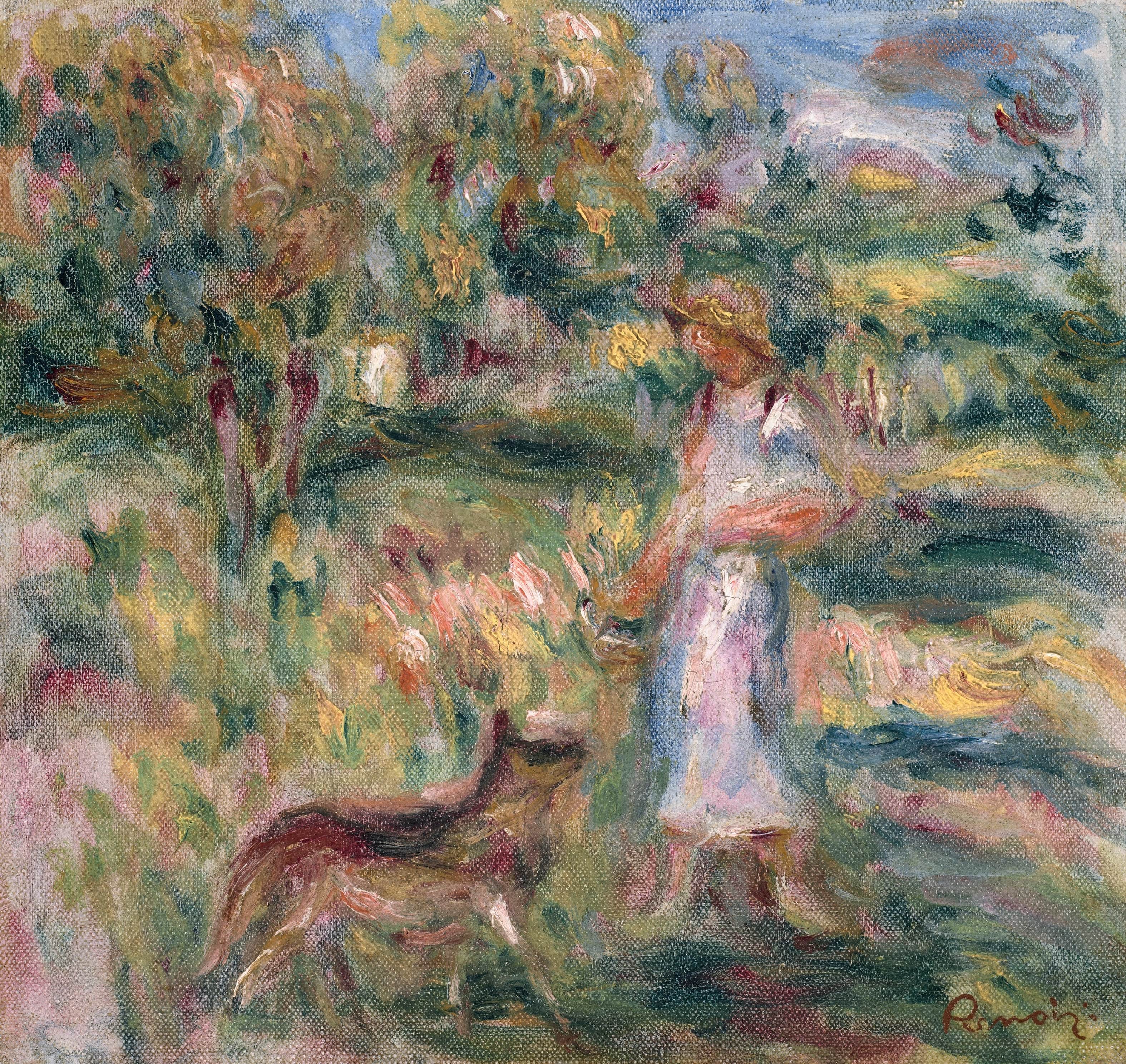 《蓝衣女子和扎扎在卡涅的风景》（Landscape with woman in blue and Zaza in Cagnes）｜皮埃尔-奥古斯特·雷诺阿 Pierre-Auguste Renoir｜1919