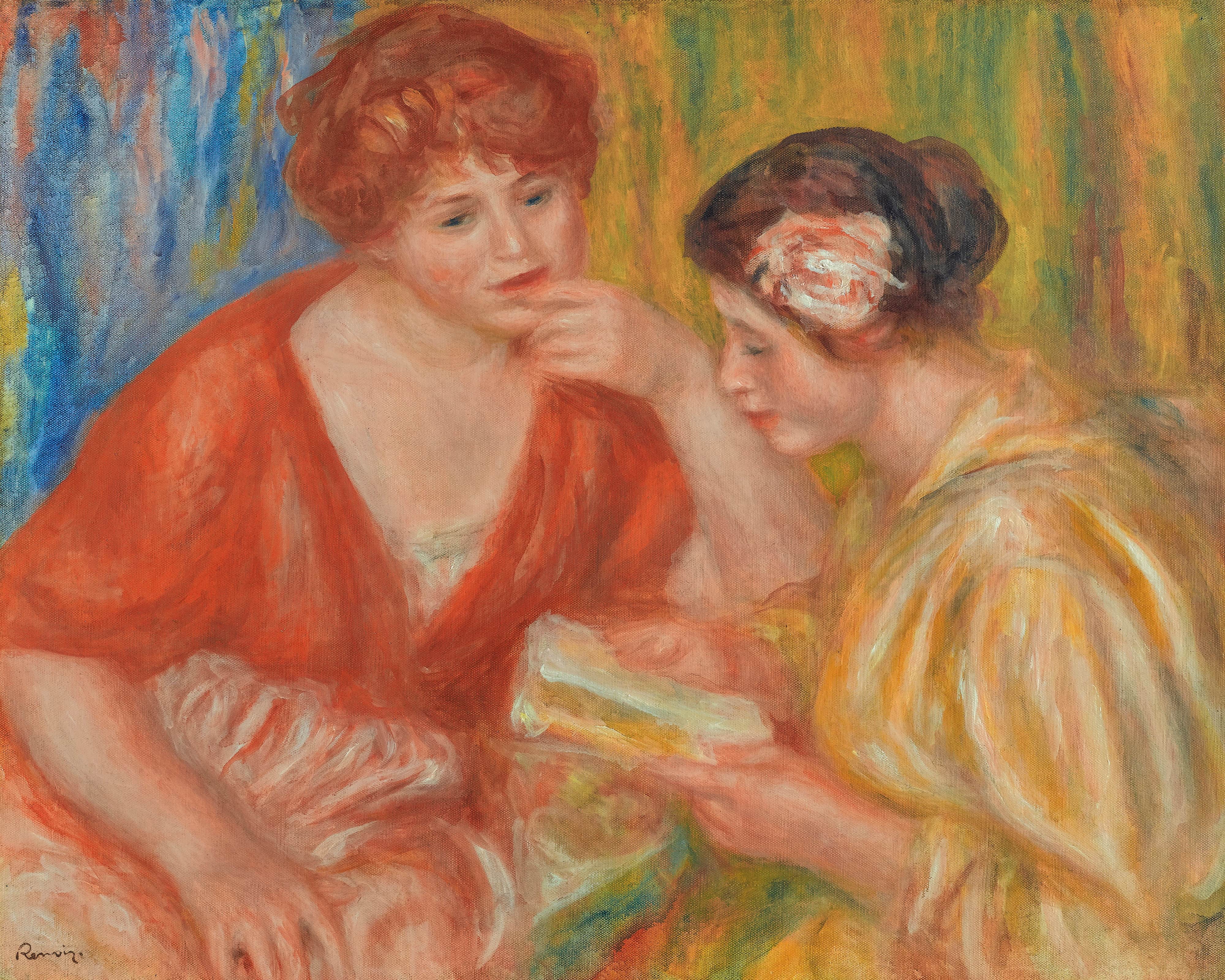 《阅读，两个戴着红色和粉色胸花的女人》（Reading, Two Women with Red and Pink Corsages）｜皮埃尔-奥古斯特·雷诺阿 Pierre-Auguste Renoir｜不明