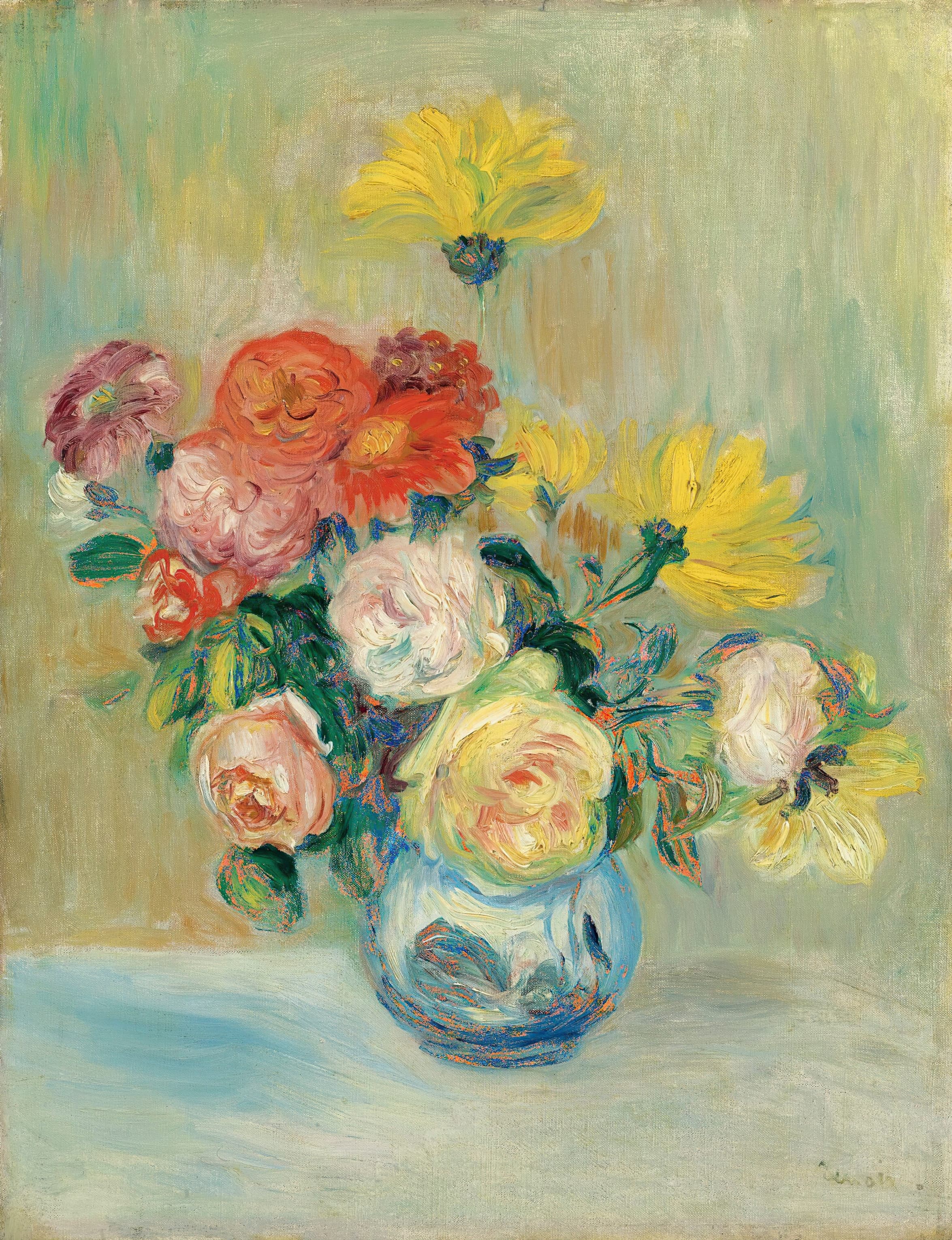 《花瓶里的玫瑰和大丽花》（Vase Of Roses And Dahlias）｜皮埃尔-奥古斯特·雷诺阿 Pierre-Auguste Renoir｜不明