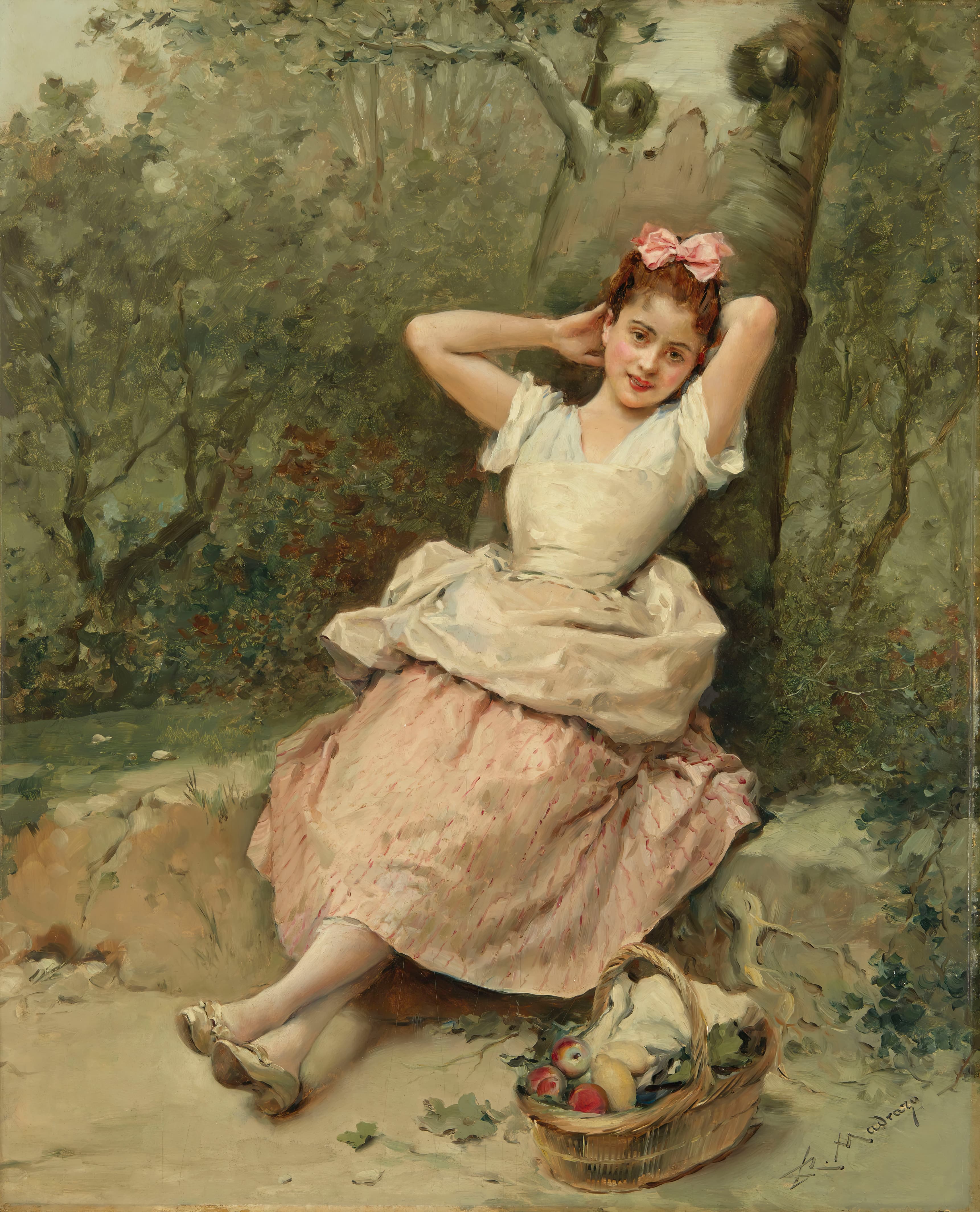 《坐在树下的年轻女孩》（young girl sitting at the foot of a tree）｜雷蒙多·德·马德拉索 Raimundo de Madrazo y Garreta｜不明