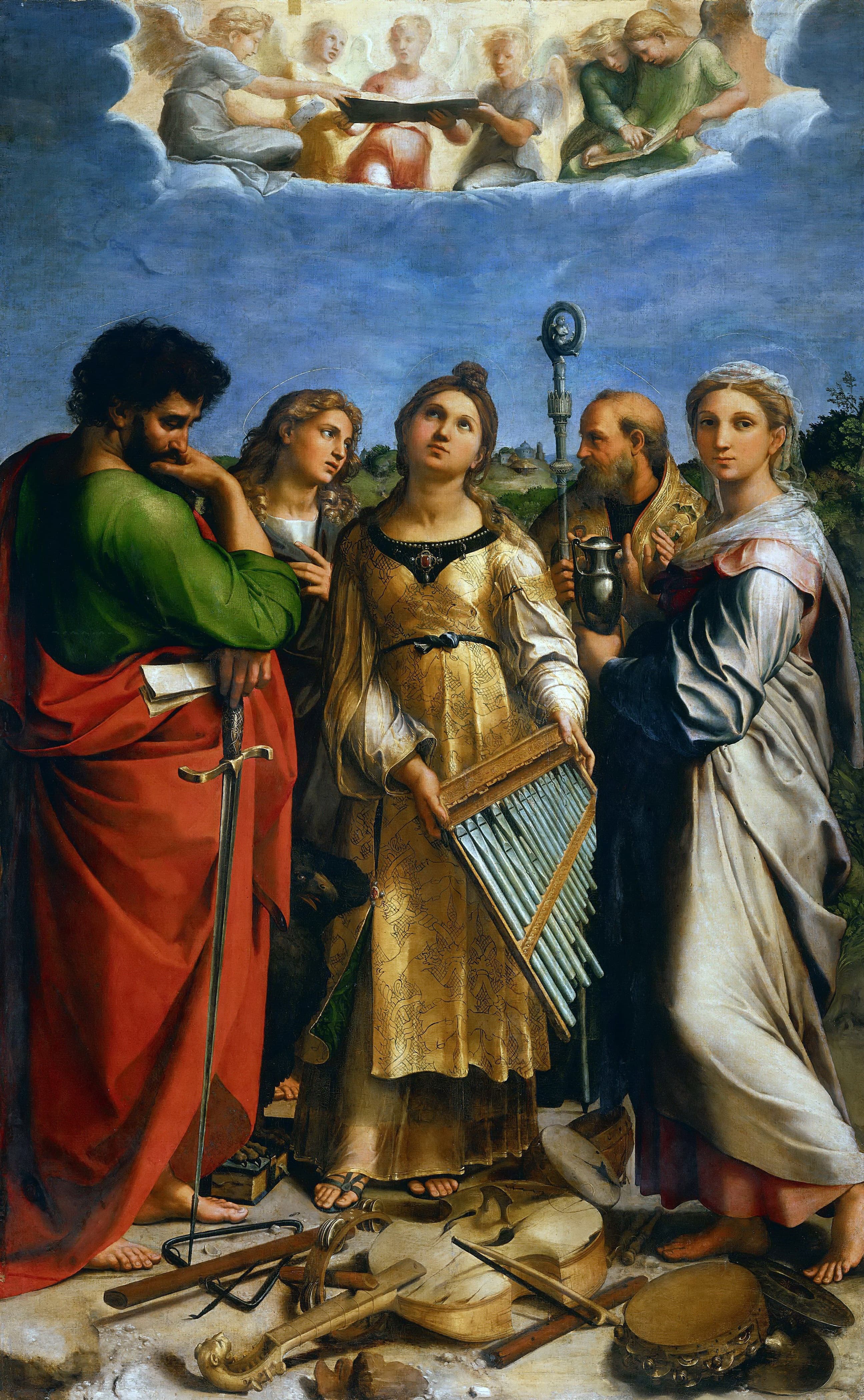 《圣切契利亚与诸圣》（St. Cecilia with Sts. Paul, John Evangelists, Augustine and Mary Magdalene）｜拉斐尔 Raphael｜1516