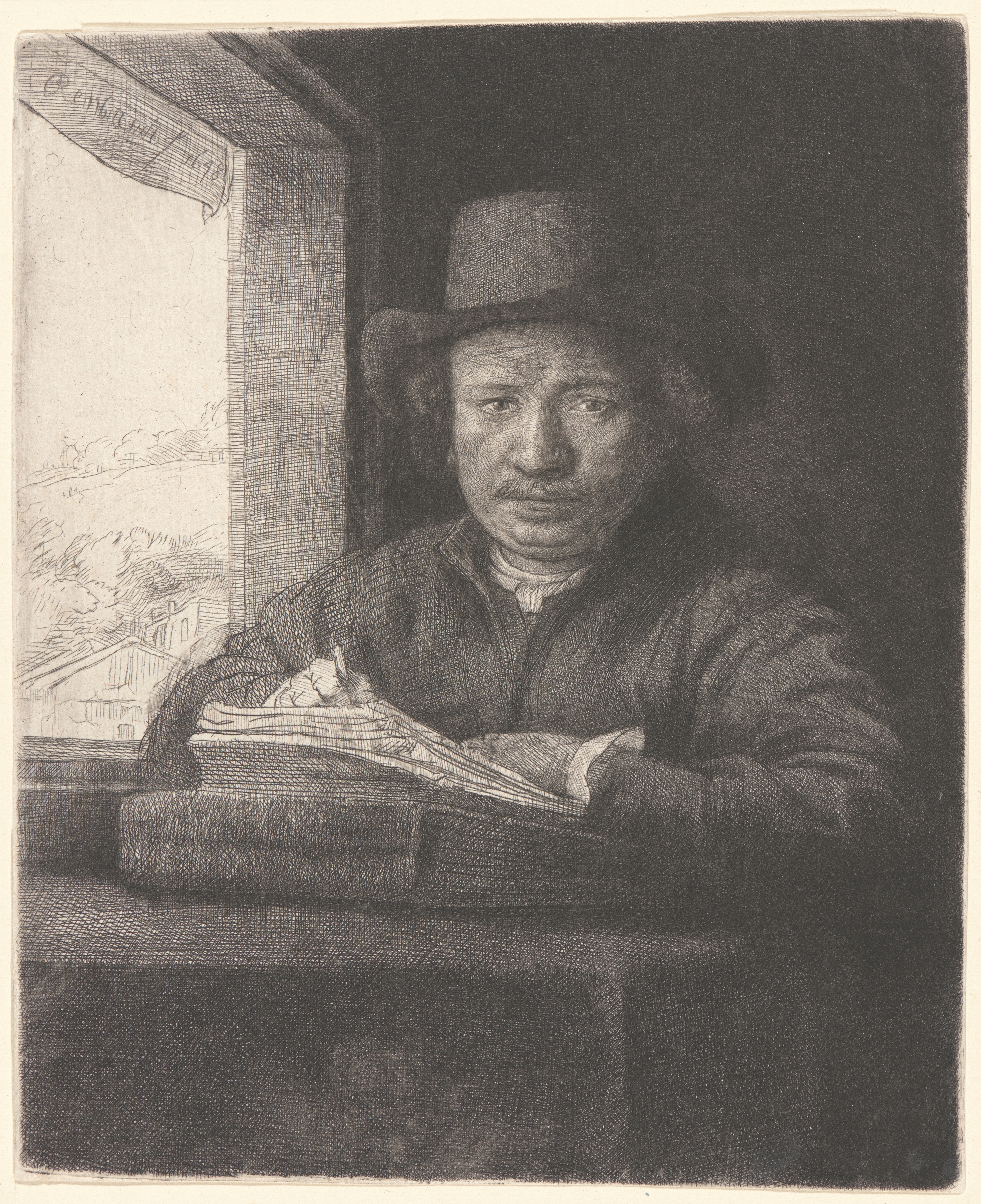 《伦勃朗窗前画作》（Rembrandt Drawing at a Window）｜伦勃朗·范·莱因 Rembrandt van Rijn｜1648
