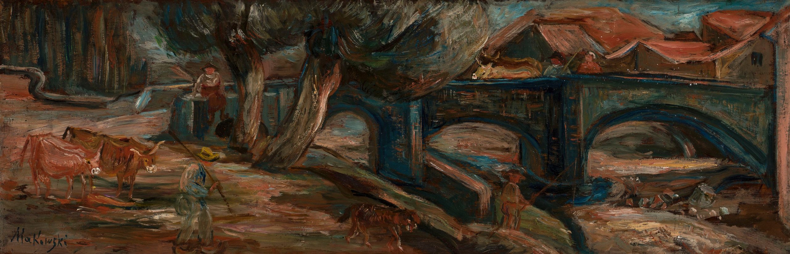 《有桥和牛的风景 (Espaly)》（Landscape with a bridge and cows (Espaly)）｜塔德乌什·马科夫斯基 Tadeusz Makowski｜1920