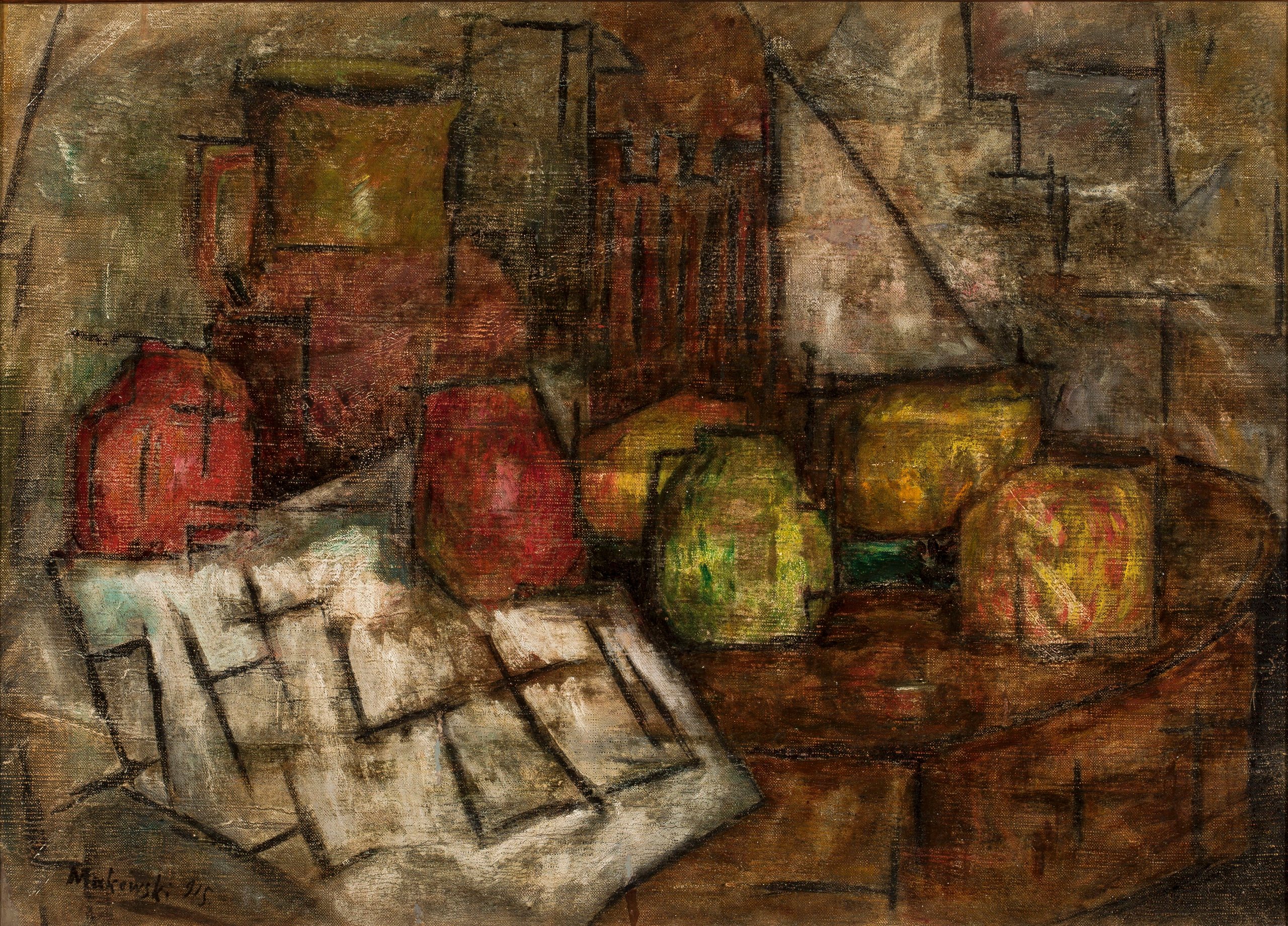 《有水罐和水果的静物》（Still life with a jug and fruit）｜塔德乌什·马科夫斯基 Tadeusz Makowski｜1915