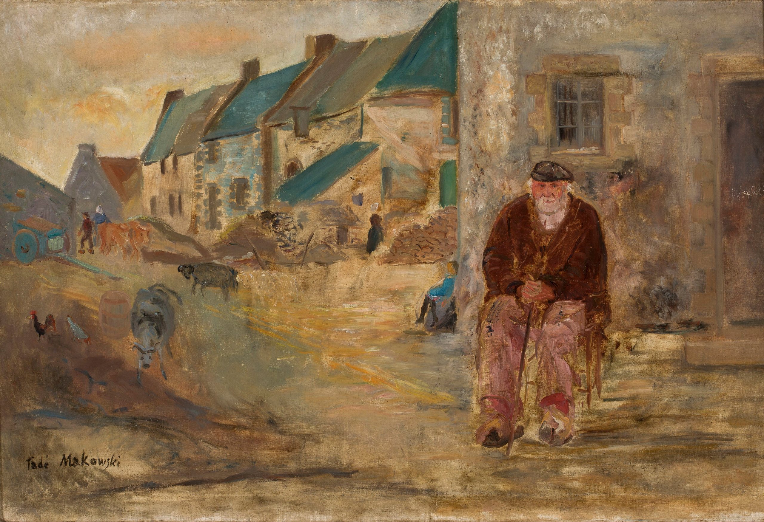 《布列塔尼风景与一位老渔夫》（Breton landscape with an old fisherman）｜塔德乌什·马科夫斯基 Tadeusz Makowski｜1924