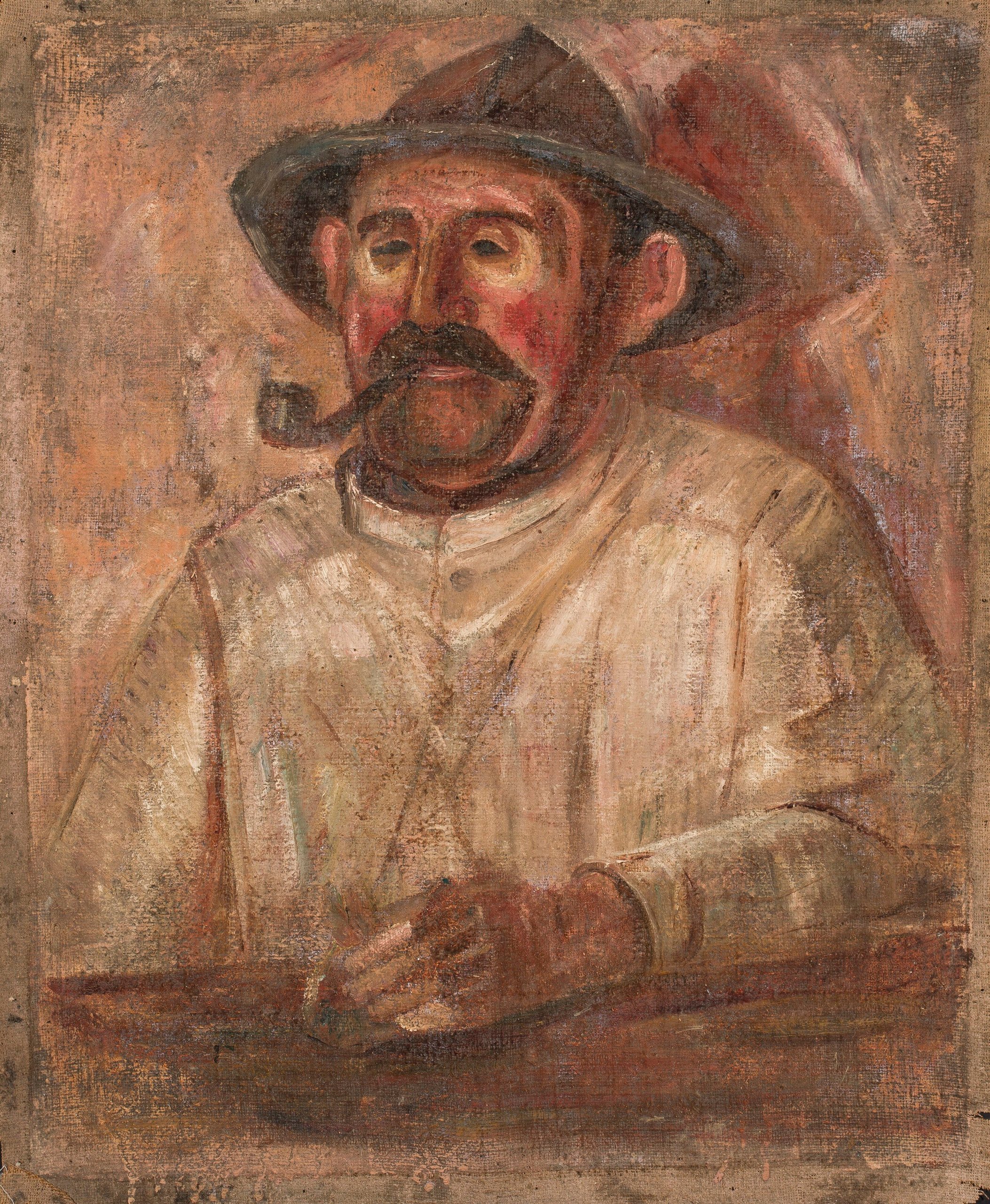 《一个戴着帽子、拿着烟斗的男人的半身像》（Bust of a man in a hat with a pipe）｜塔德乌什·马科夫斯基 Tadeusz Makowski｜1921
