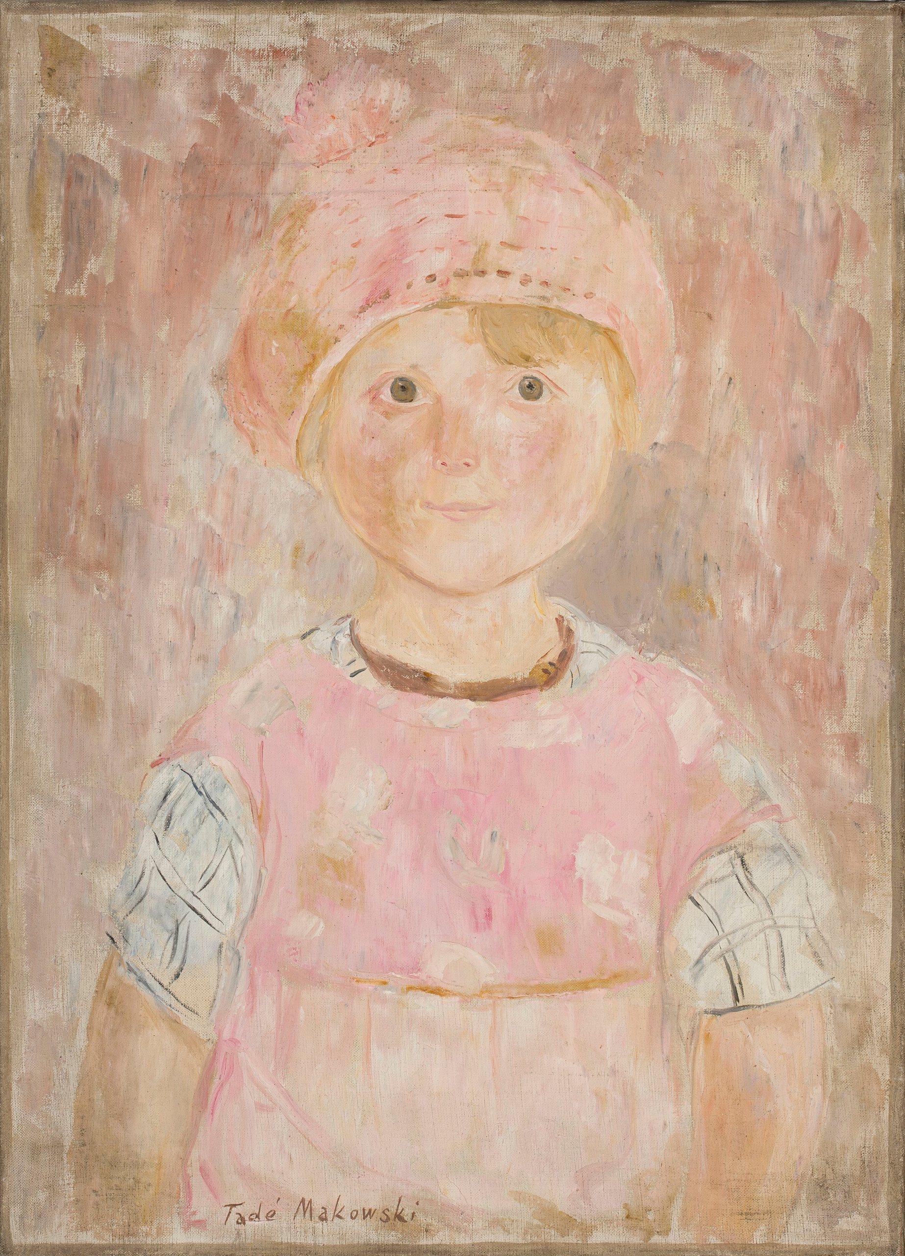《一个穿着粉红色裙子和帽子的女孩》（A girl in a pink dress and hat）｜塔德乌什·马科夫斯基 Tadeusz Makowski｜1927