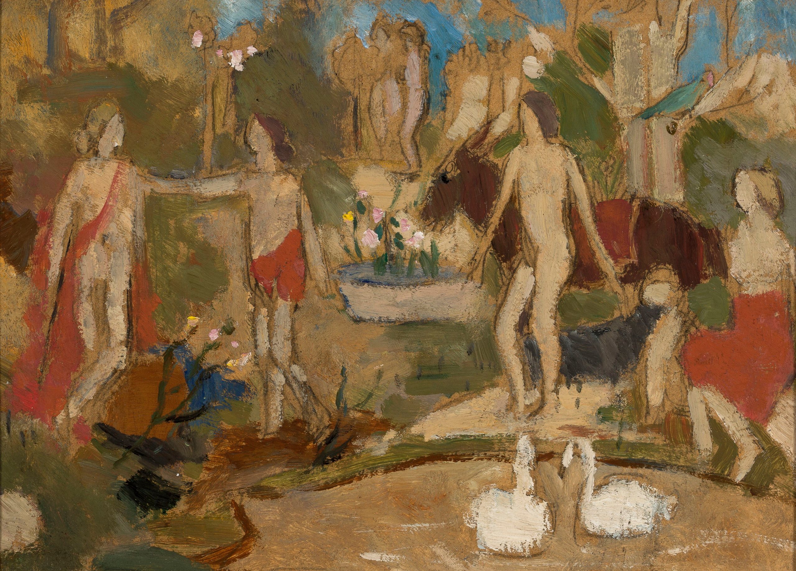 《有人物和天鹅的花园场景》（Garden scene with figures and swans）｜塔德乌什·马科夫斯基 Tadeusz Makowski｜1909