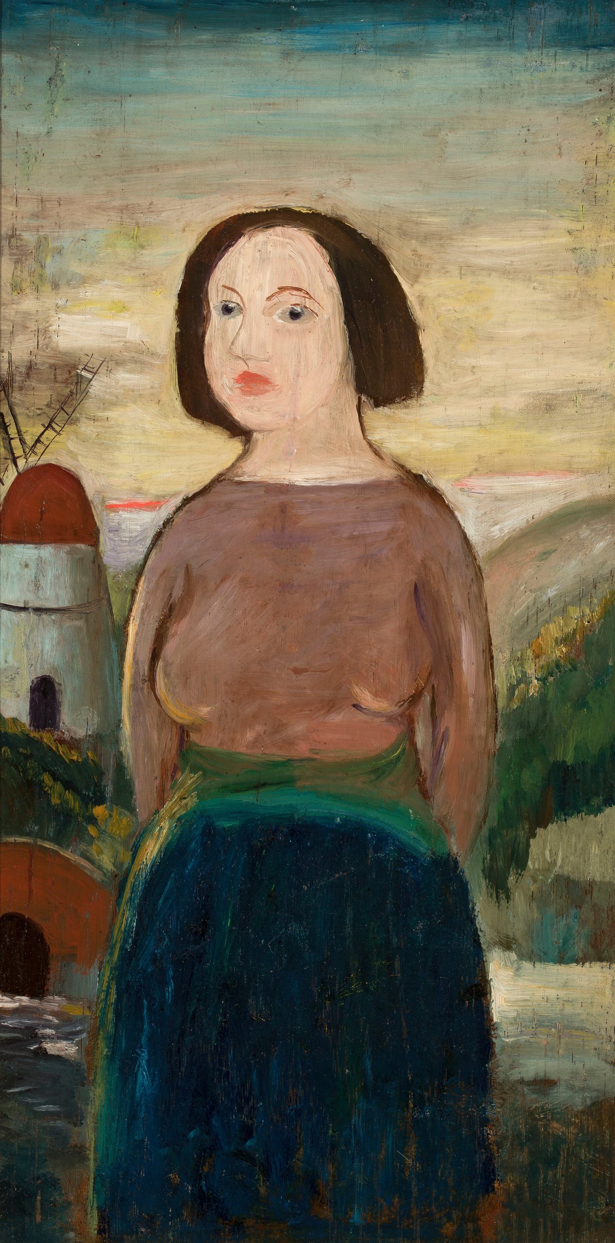 《风车风景背景下的女孩》（Girl against the background of a landscape with a windmill）｜塔德乌什·马科夫斯基 Tadeusz Makowski｜1920