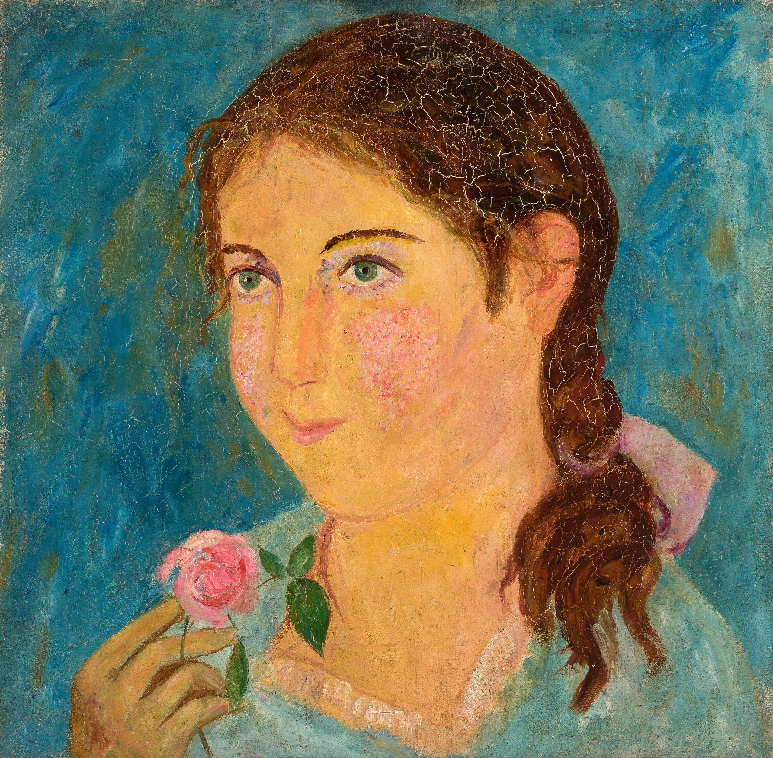《手里拿着玫瑰花的女孩》（Girl holding a rose in her hand）｜塔德乌什·马科夫斯基 Tadeusz Makowski｜1920