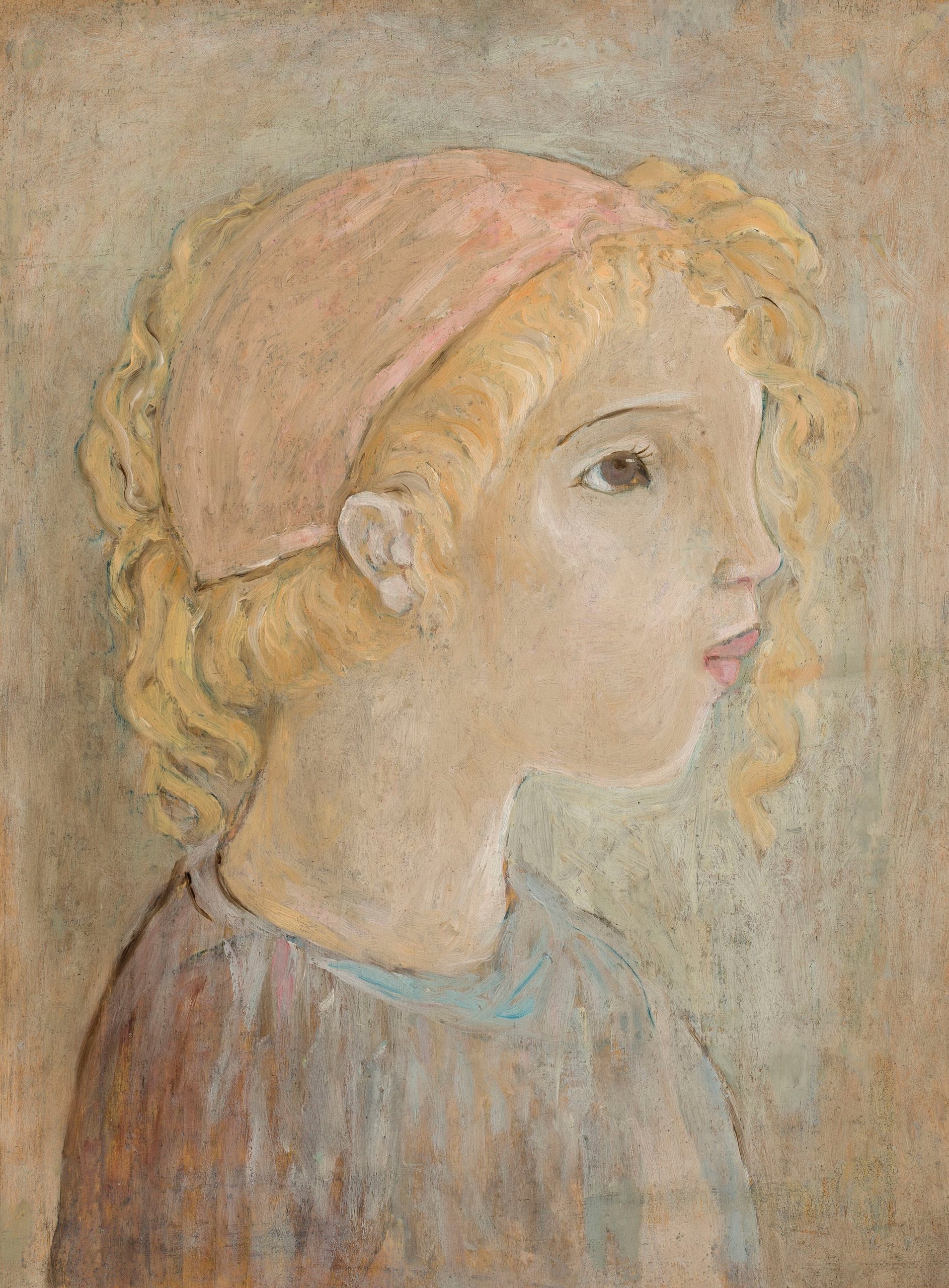 《粉色头巾女生头像》（The head of a girl in a pink hood）｜塔德乌什·马科夫斯基 Tadeusz Makowski｜1927