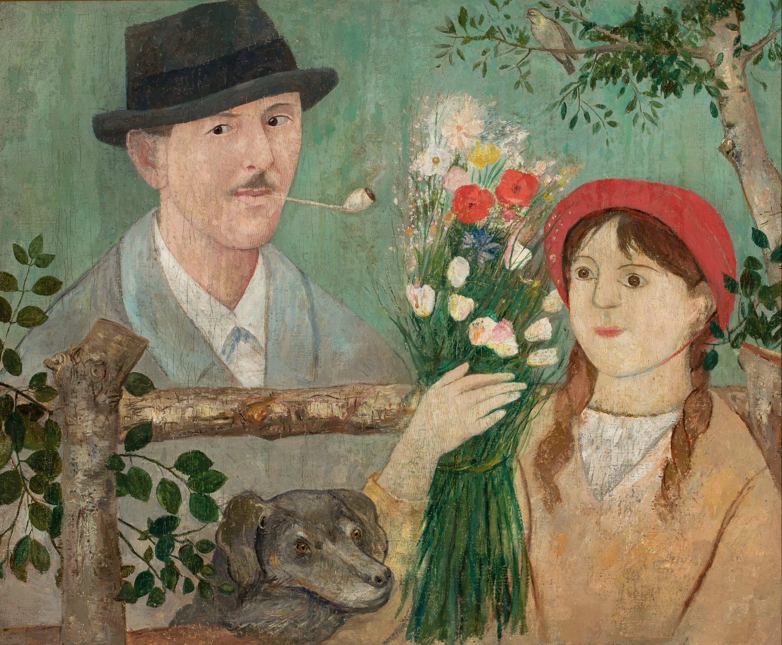 《栅栏旁的田园诗（自画像，鲜花和狗的女孩）》（Idyll beside a fence (Self-portrait, girl with flowers and dog)）｜塔德乌什·马科夫斯基 Tadeusz Makowski｜1920