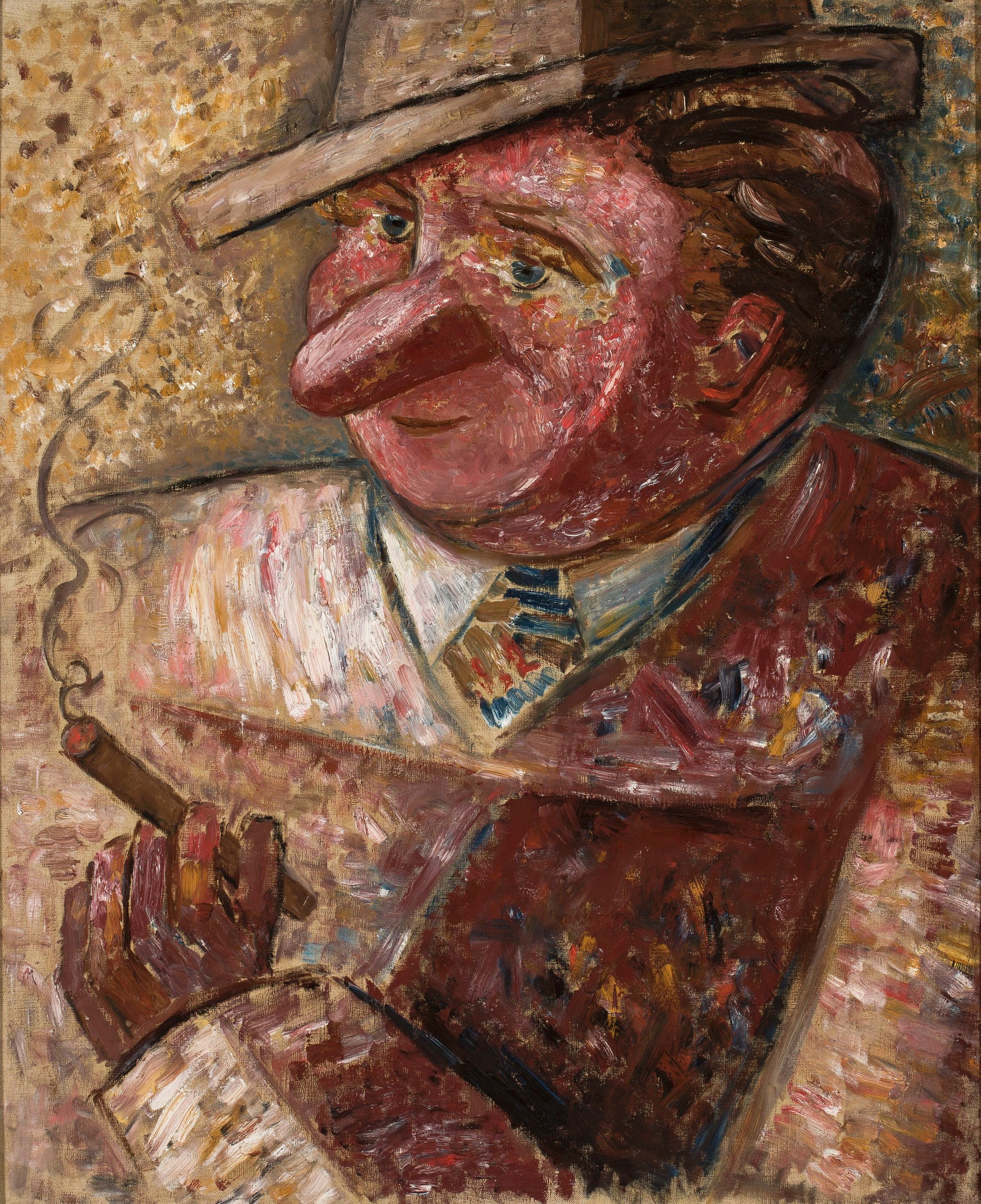 《一个戴着帽子、抽着雪茄的男人的肖像》（Portrait of a man in a hat with a cigar）｜塔德乌什·马科夫斯基 Tadeusz Makowski｜1930
