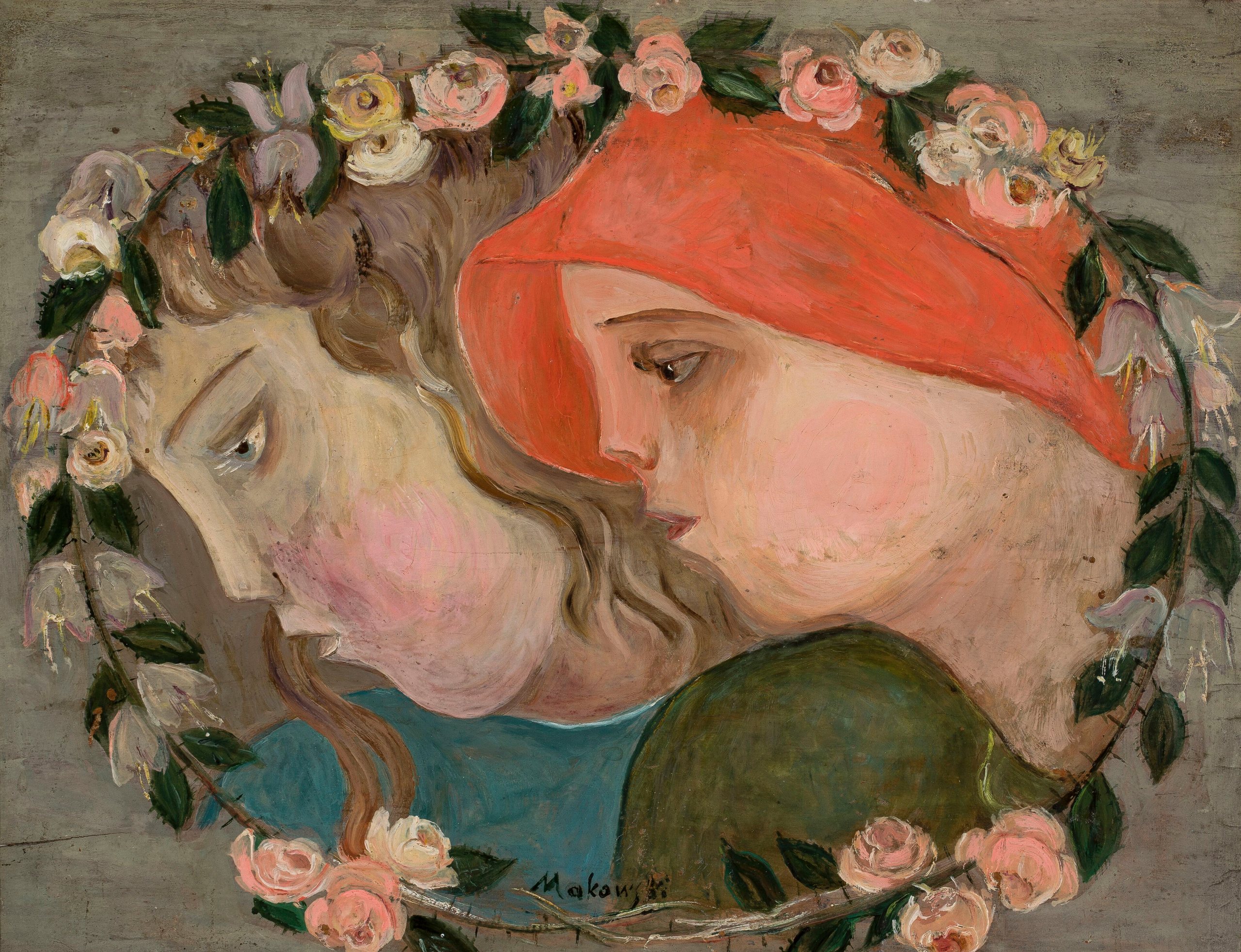 《两个小女孩头戴花环》（Two heads of little girls in a garland of flowers）｜塔德乌什·马科夫斯基 Tadeusz Makowski｜1922