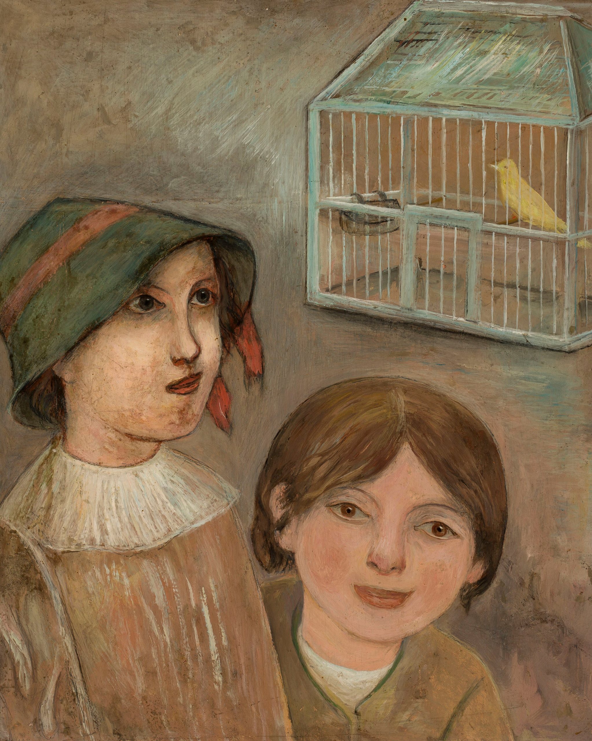 《两个小女孩在一个有金丝雀的笼子旁边》（Two little girls beside a cage with a canary）｜塔德乌什·马科夫斯基 Tadeusz Makowski｜1922