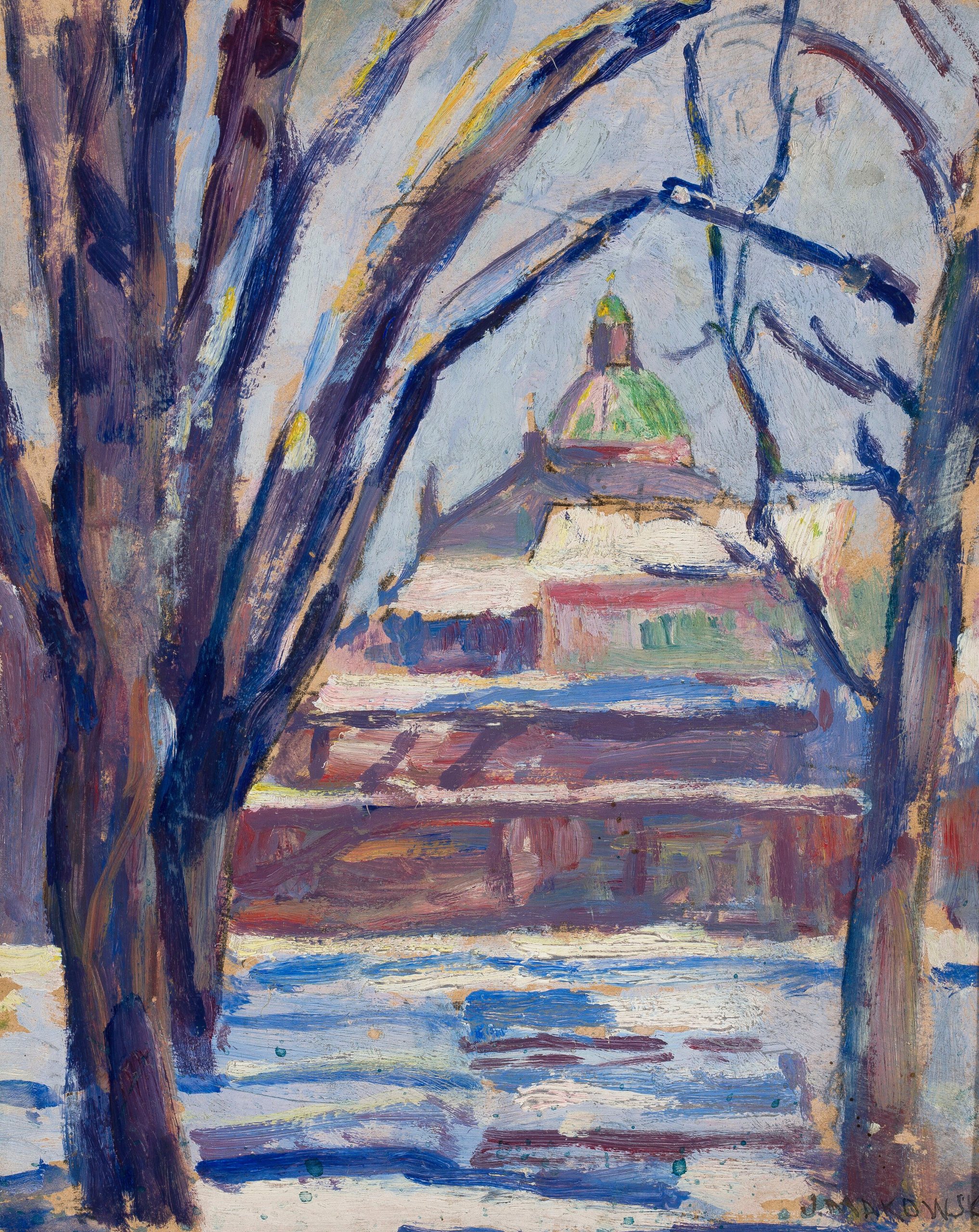 《与东正教教堂的冬季景观》（Winter landscape with an Orthodox church）｜塔德乌什·马科夫斯基 Tadeusz Makowski｜1932