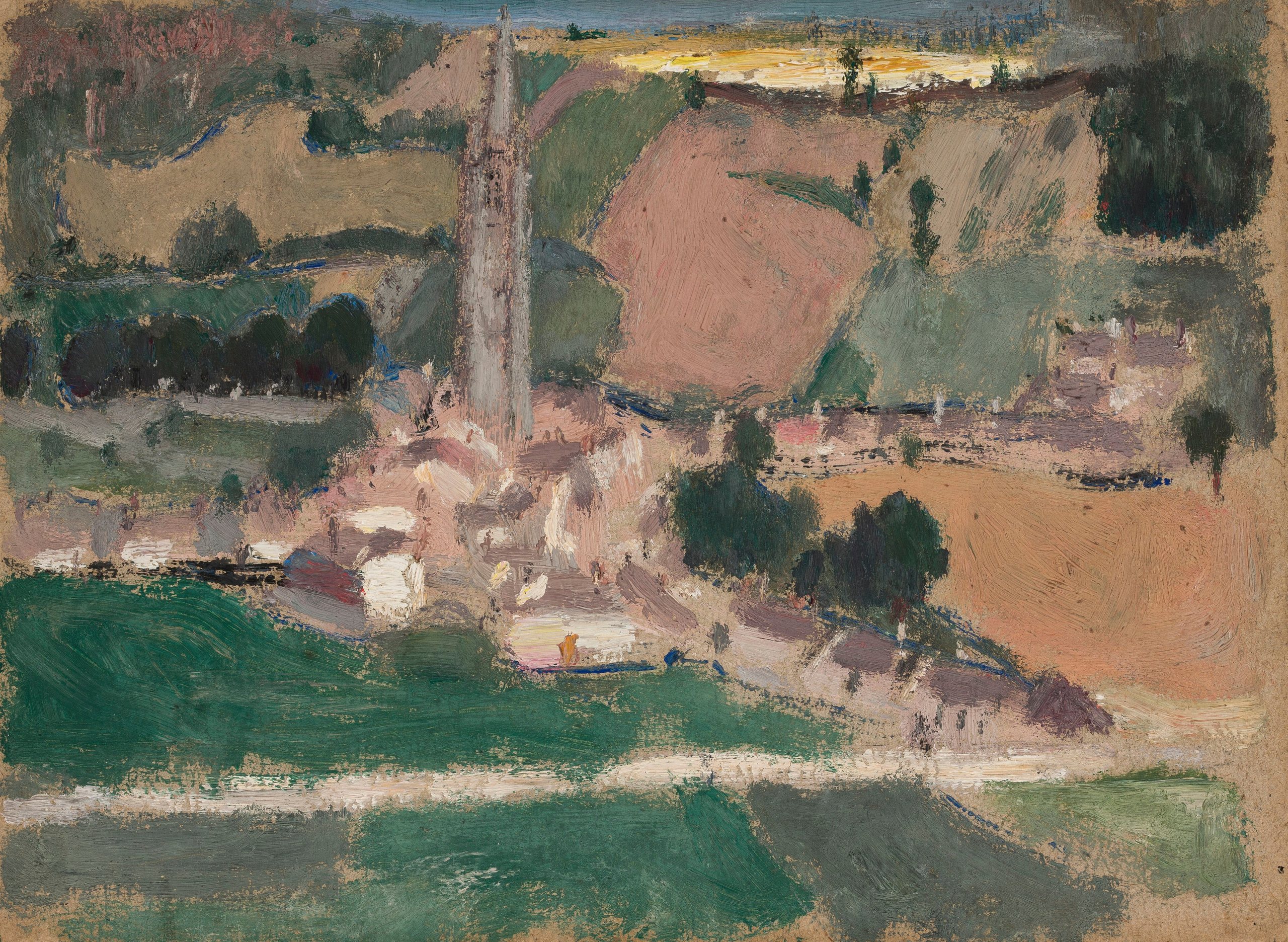 《有教堂塔楼的小镇景观》（View of a small town with a church tower）｜塔德乌什·马科夫斯基 Tadeusz Makowski｜1910