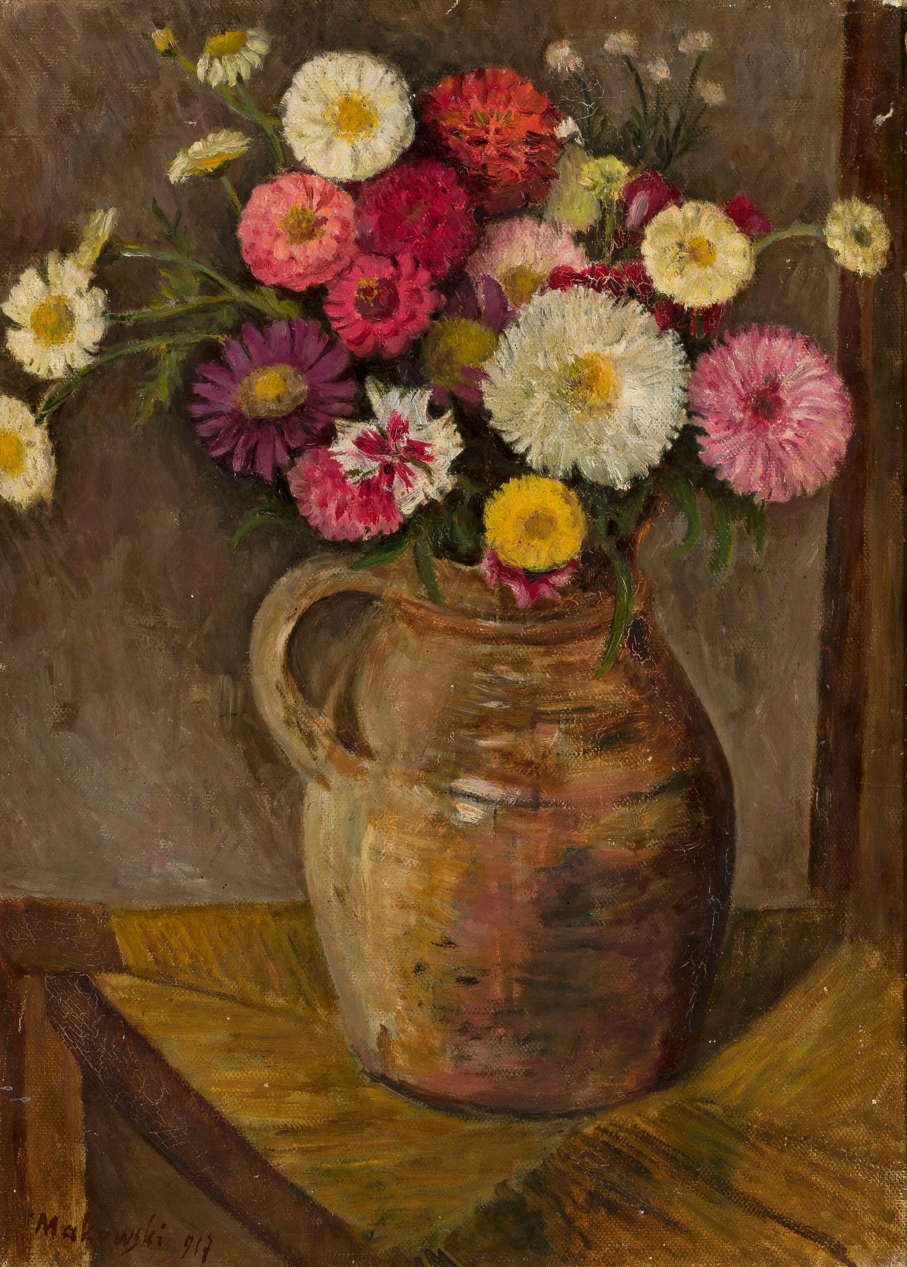 《陶罐中的紫苑和百日草》（Asters and zinnias in a clay jug）｜塔德乌什·马科夫斯基 Tadeusz Makowski｜1917