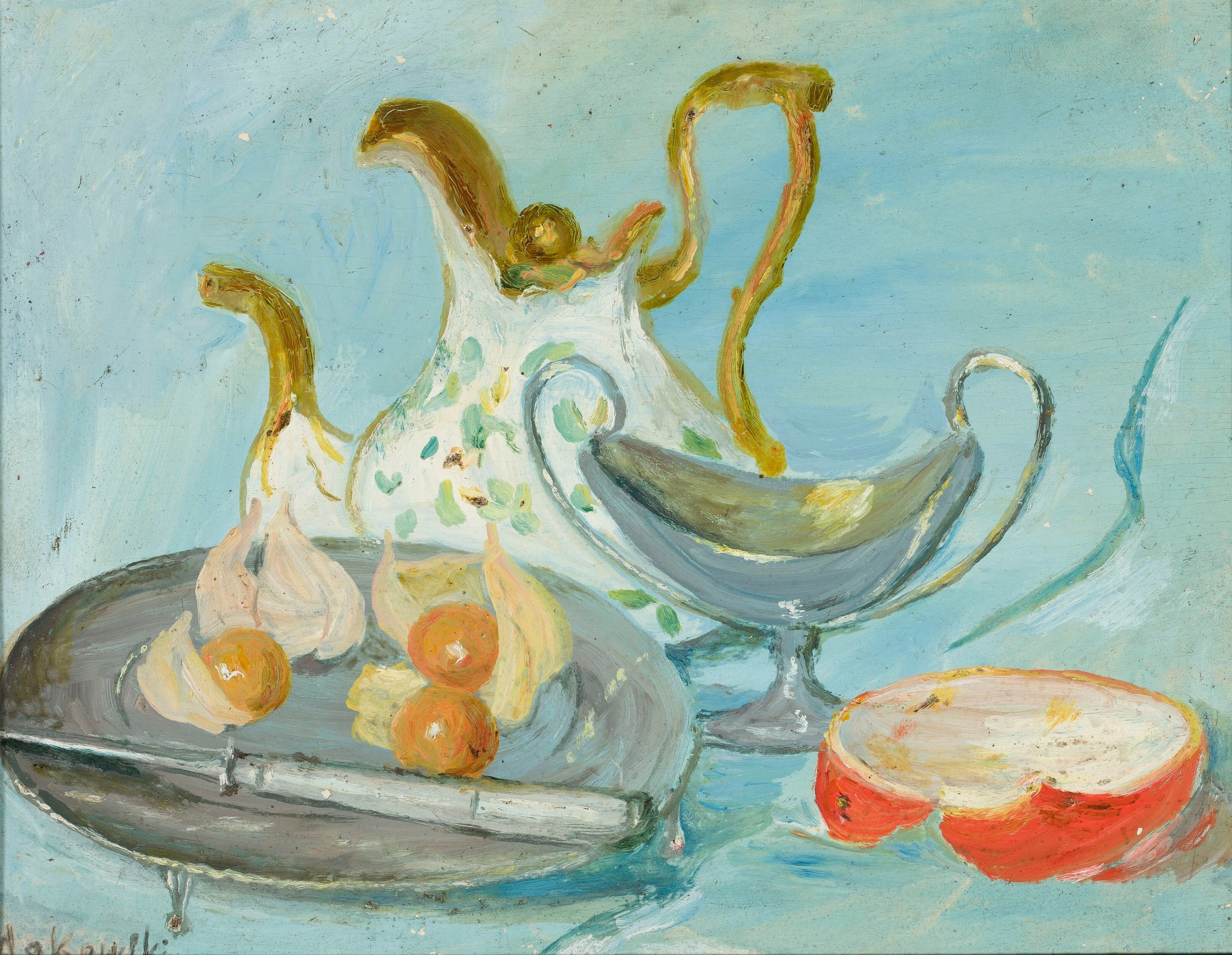 《蓝色背景上的静物》（Still life on a blue background）｜塔德乌什·马科夫斯基 Tadeusz Makowski｜1920