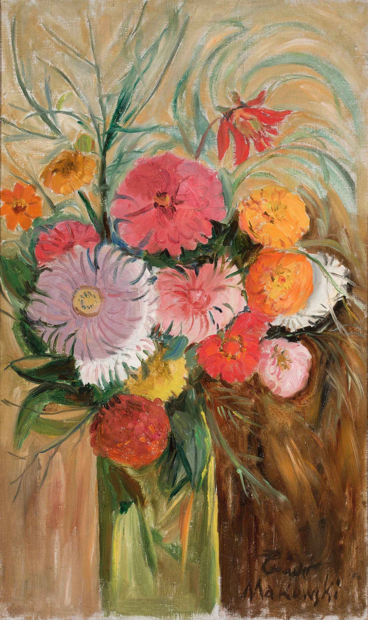 《玻璃瓶中的百日草和紫苑》（Zinnias and asters in a glass jar）｜塔德乌什·马科夫斯基 Tadeusz Makowski｜1920