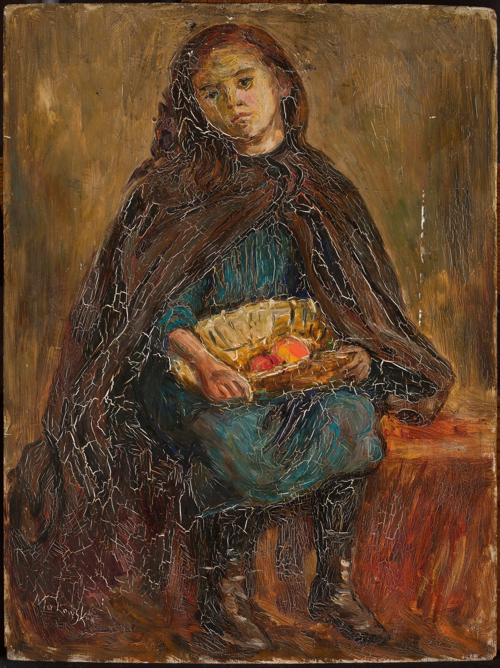 《膝盖上放着一篮子苹果的小女孩》（Little girl with a basket of apples on her knees）｜塔德乌什·马科夫斯基 Tadeusz Makowski｜1919