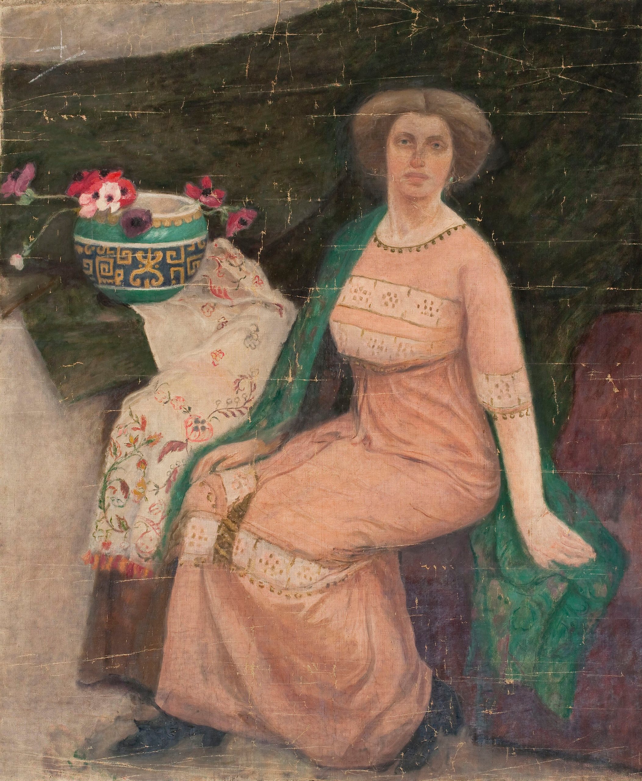 一位穿着粉红色连衣裙的女士的肖像 (Wanda Popławska)