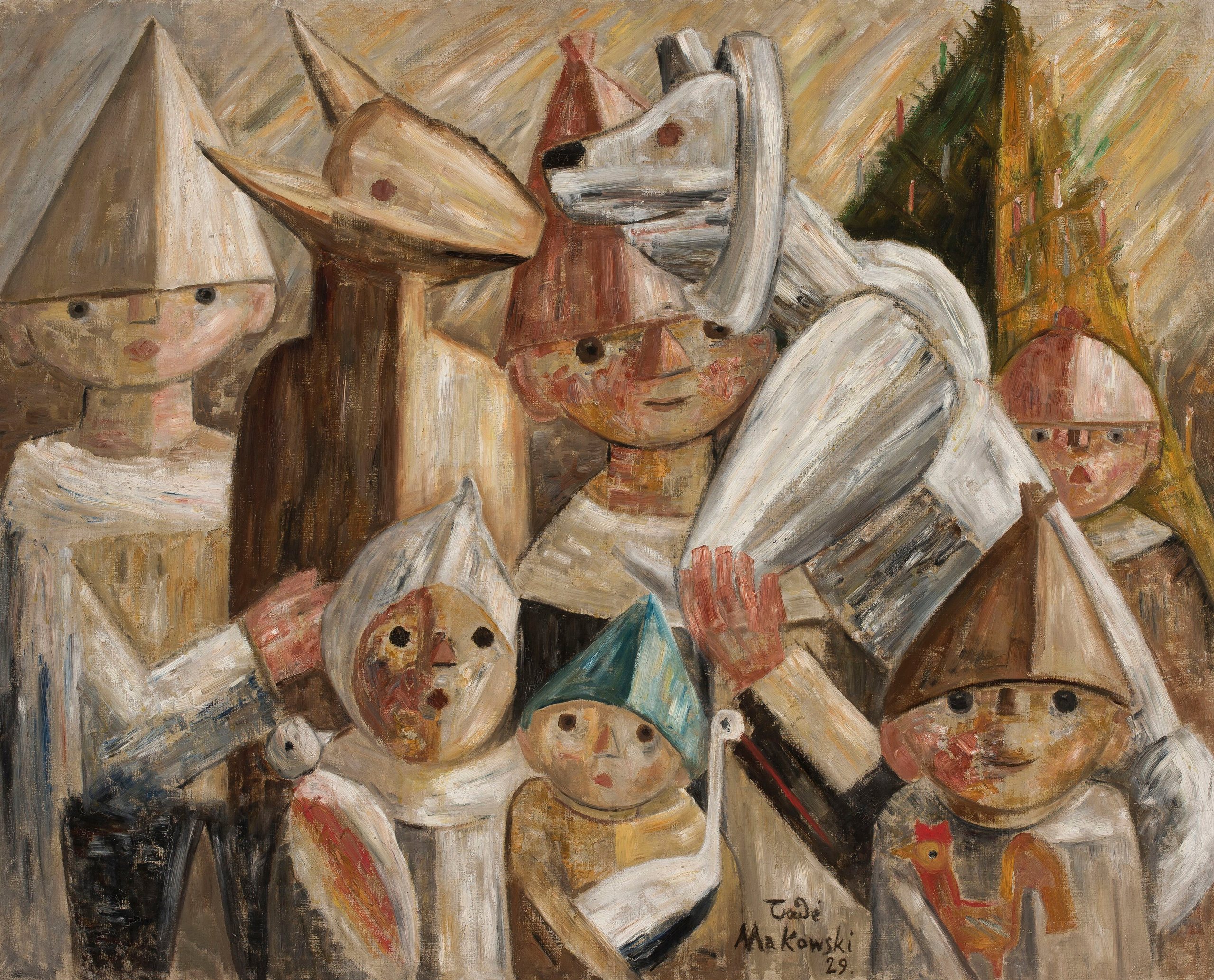 《孩子们与 Turoń [装扮成角动物的颂歌者]》（Children with Turoń [a caroller dressed as horn animal]）｜塔德乌什·马科夫斯基 Tadeusz Makowski｜1929
