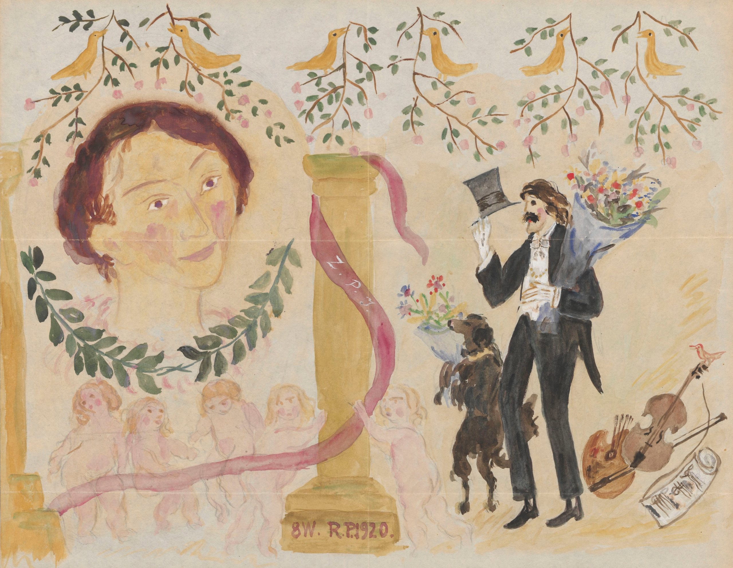 《画家带着一束花和狗的自画像》（Self-portrait of painter with a bunch of flowers and dog）｜塔德乌什·马科夫斯基 Tadeusz Makowski｜1920