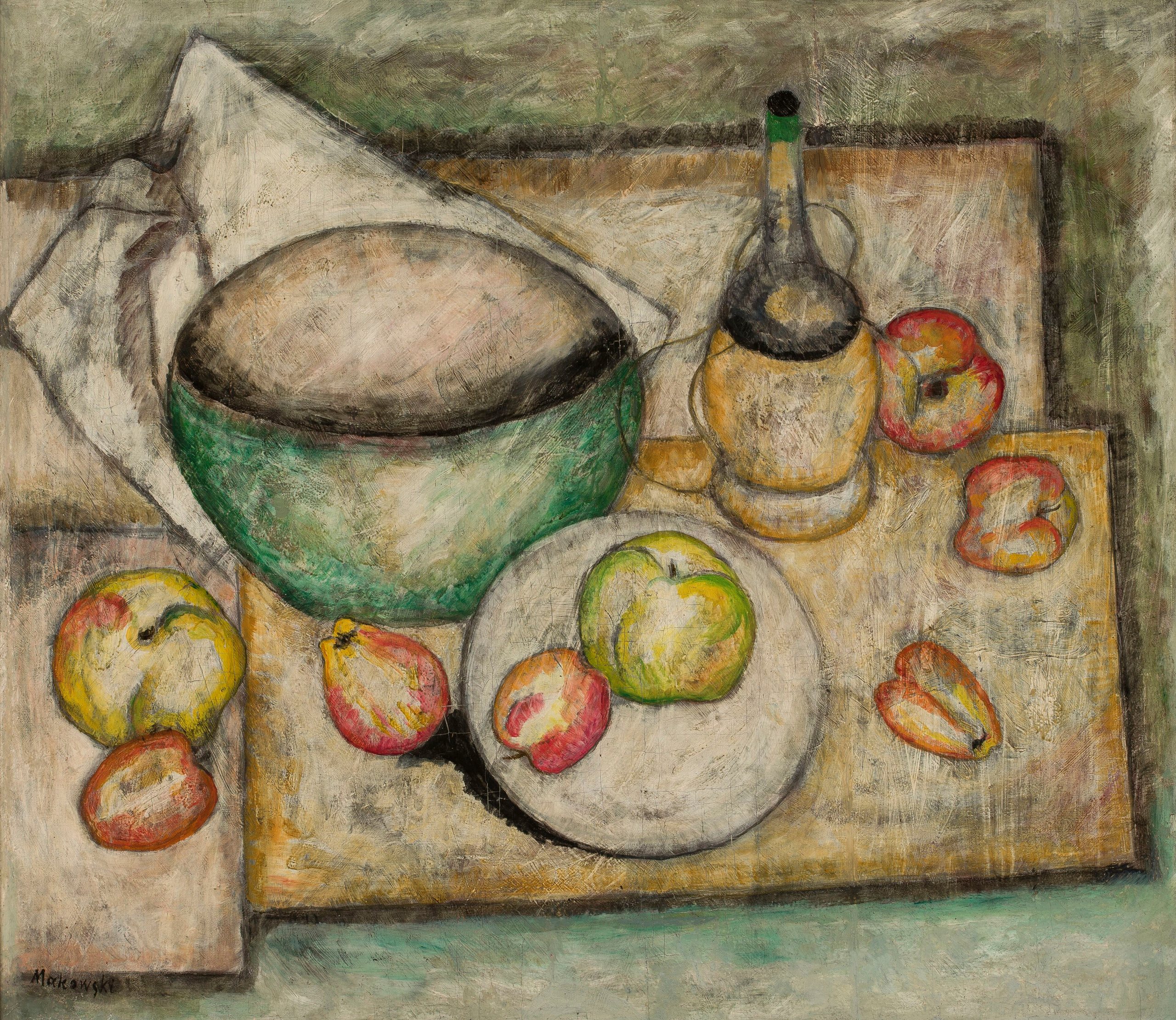 《有绿色碗和水果的静物》（Still life with a green bowl and fruit）｜塔德乌什·马科夫斯基 Tadeusz Makowski｜1918