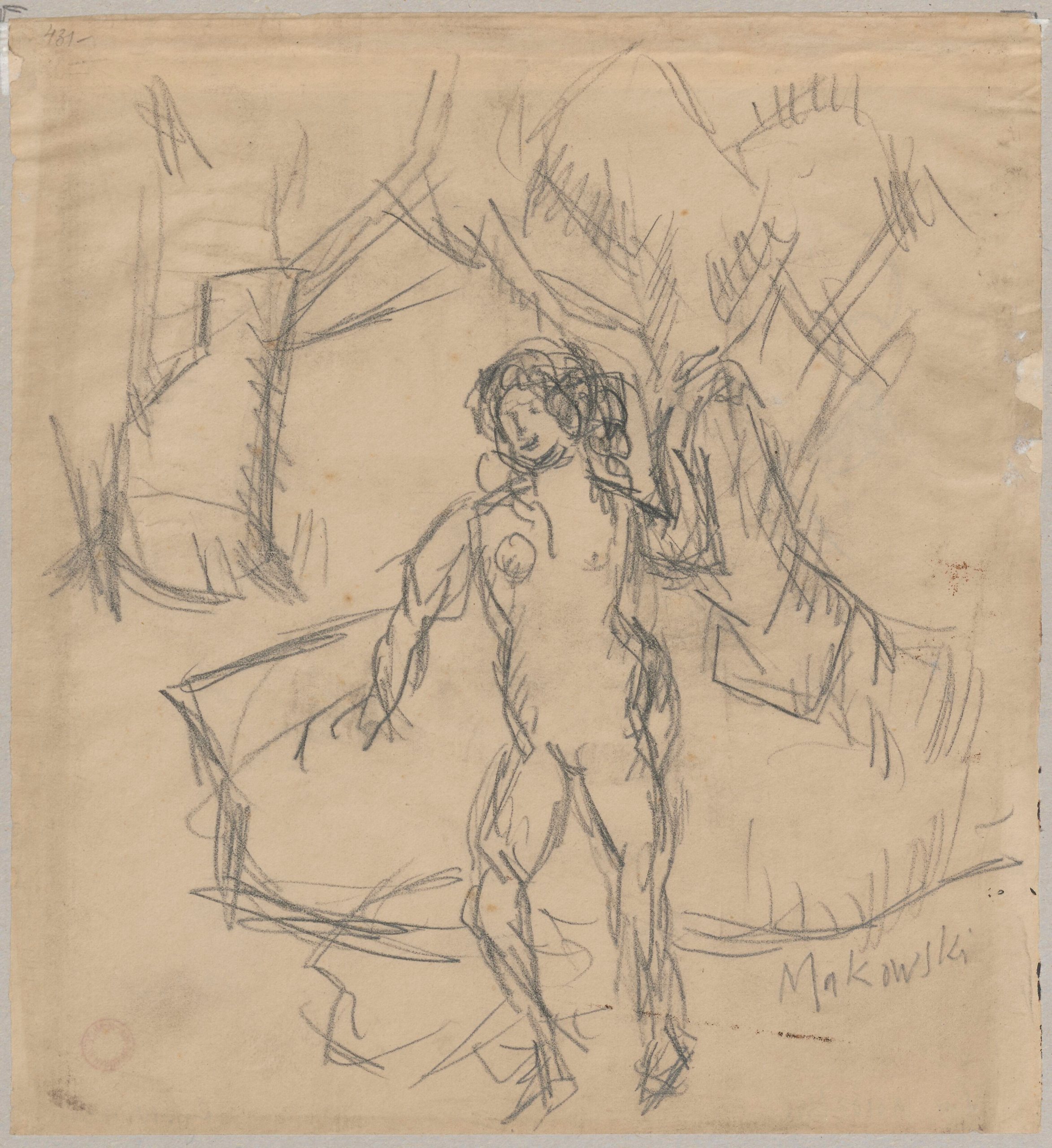 《一个女人在森林景观中奔跑的裸体》（Nude of a woman running in a forest landscape）｜塔德乌什·马科夫斯基 Tadeusz Makowski｜1914